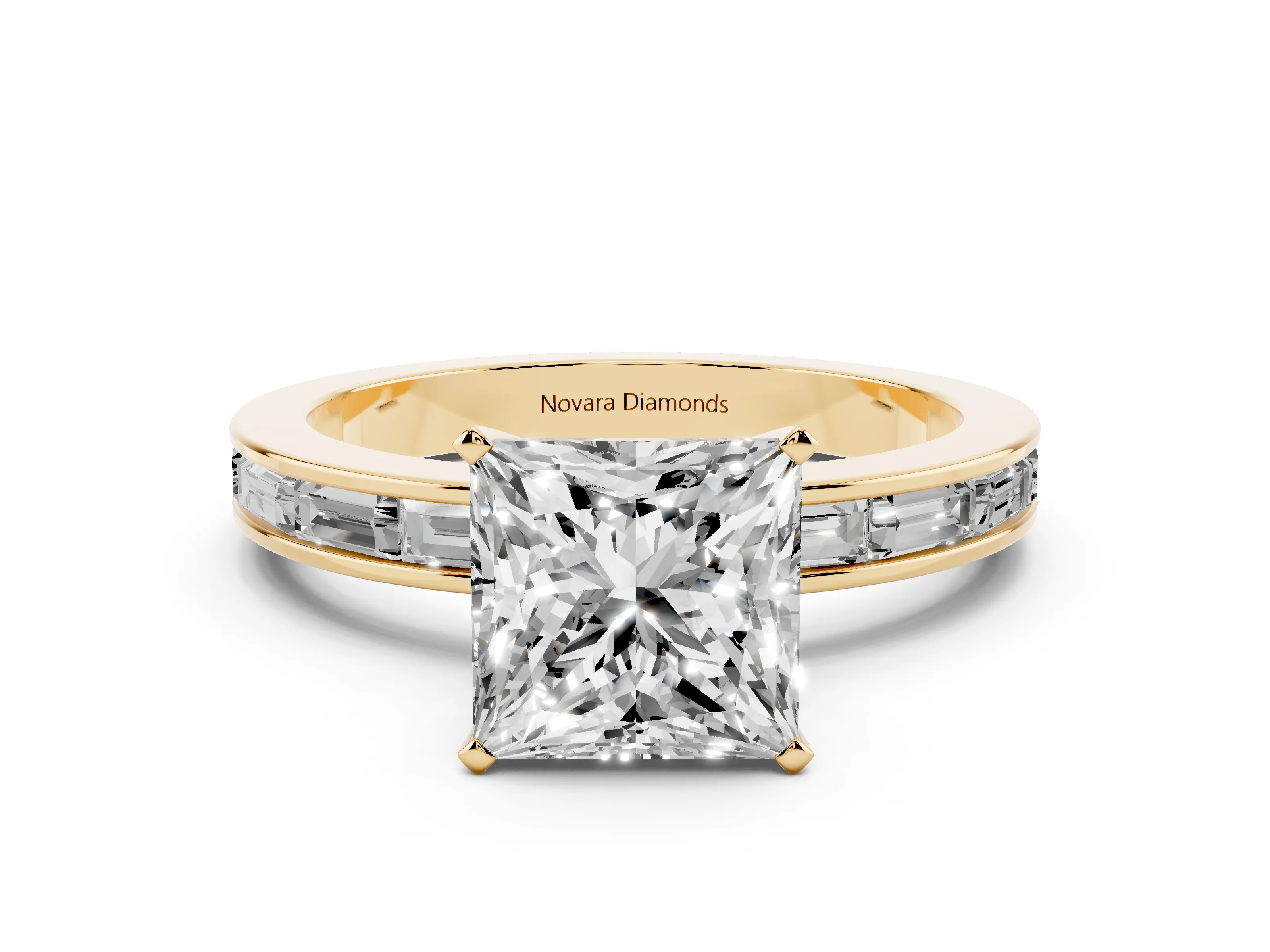 Princess Cut Diamond Solitaire Ring Set in Yellow gold with Channel-Set Baguette Band and Prong Setting