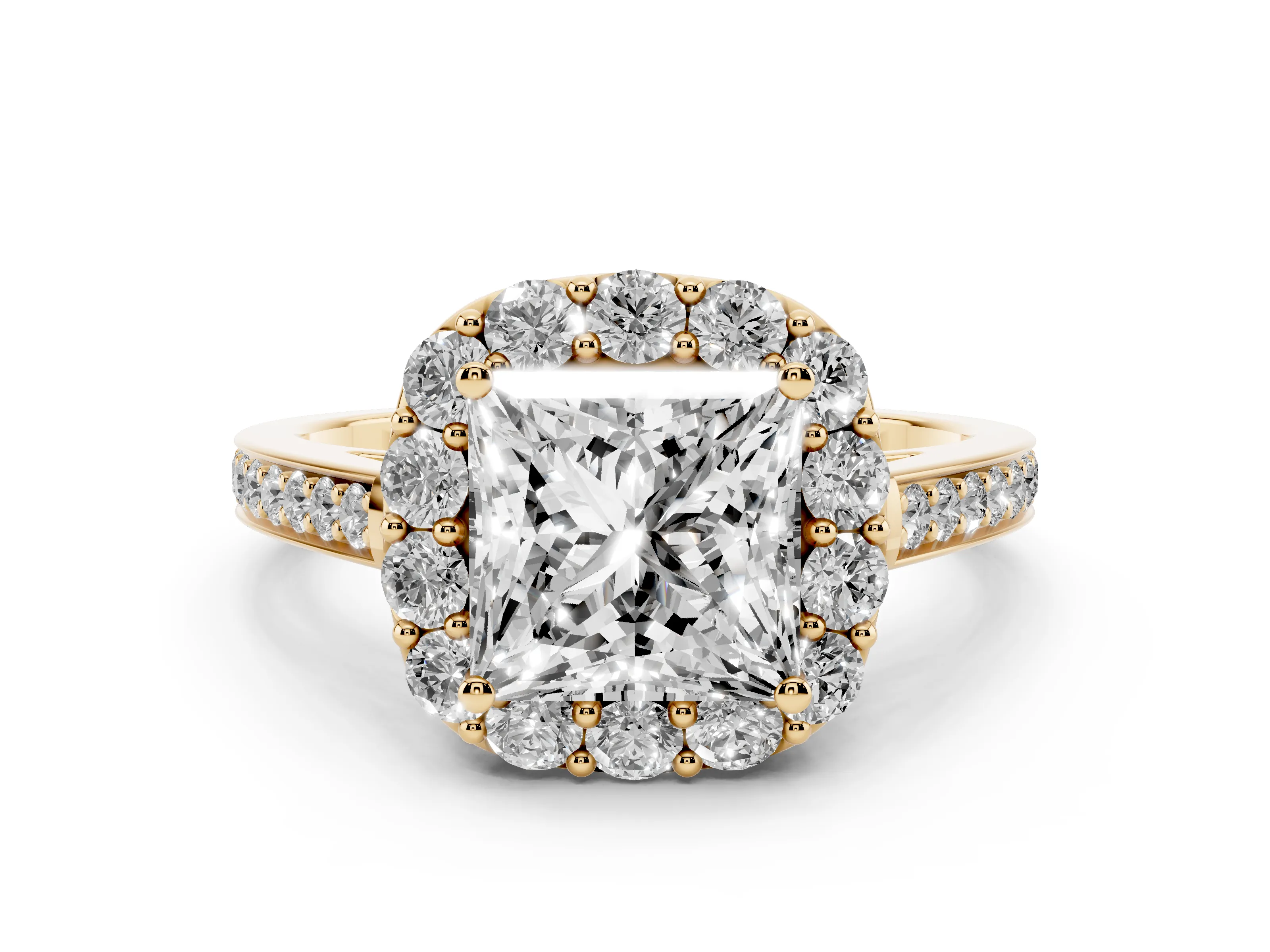 Princess Cut Diamond Floral Halo Ring Set in Yellow gold with Pavé Band and Prong Setting