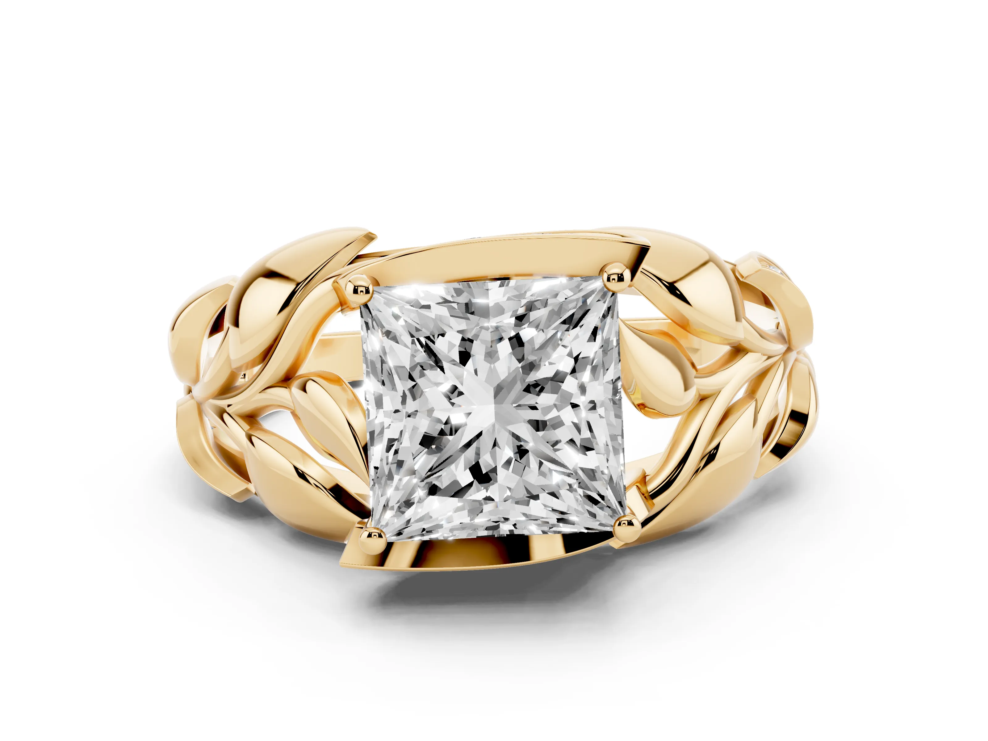 Princess Cut Diamond Leaf-Inspired Engagement Ring Set in Yellow gold with Round Accents