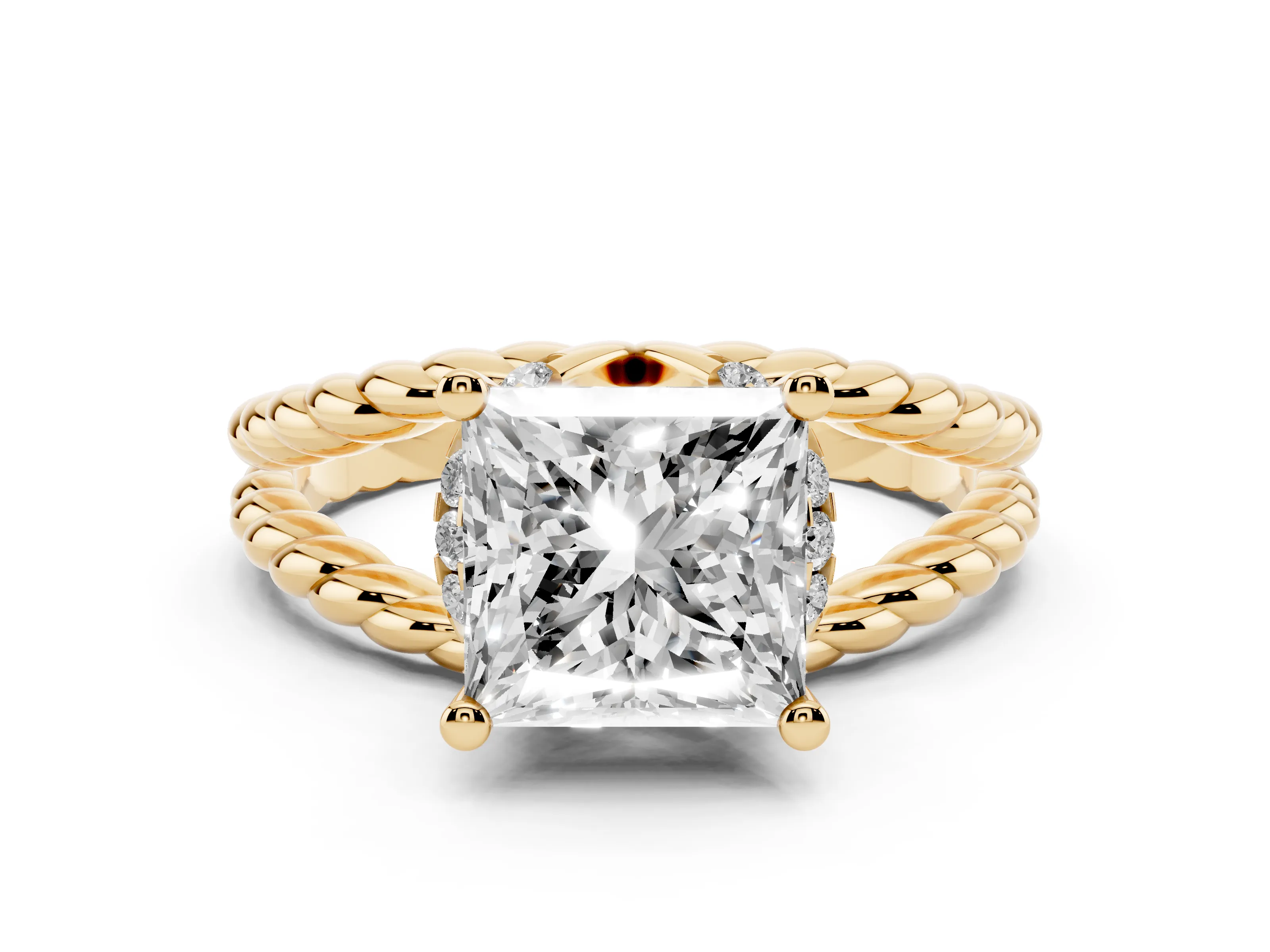 Princess Cut Diamond Halo Ring Set in Yellow gold with Twisted Band and Prong Setting