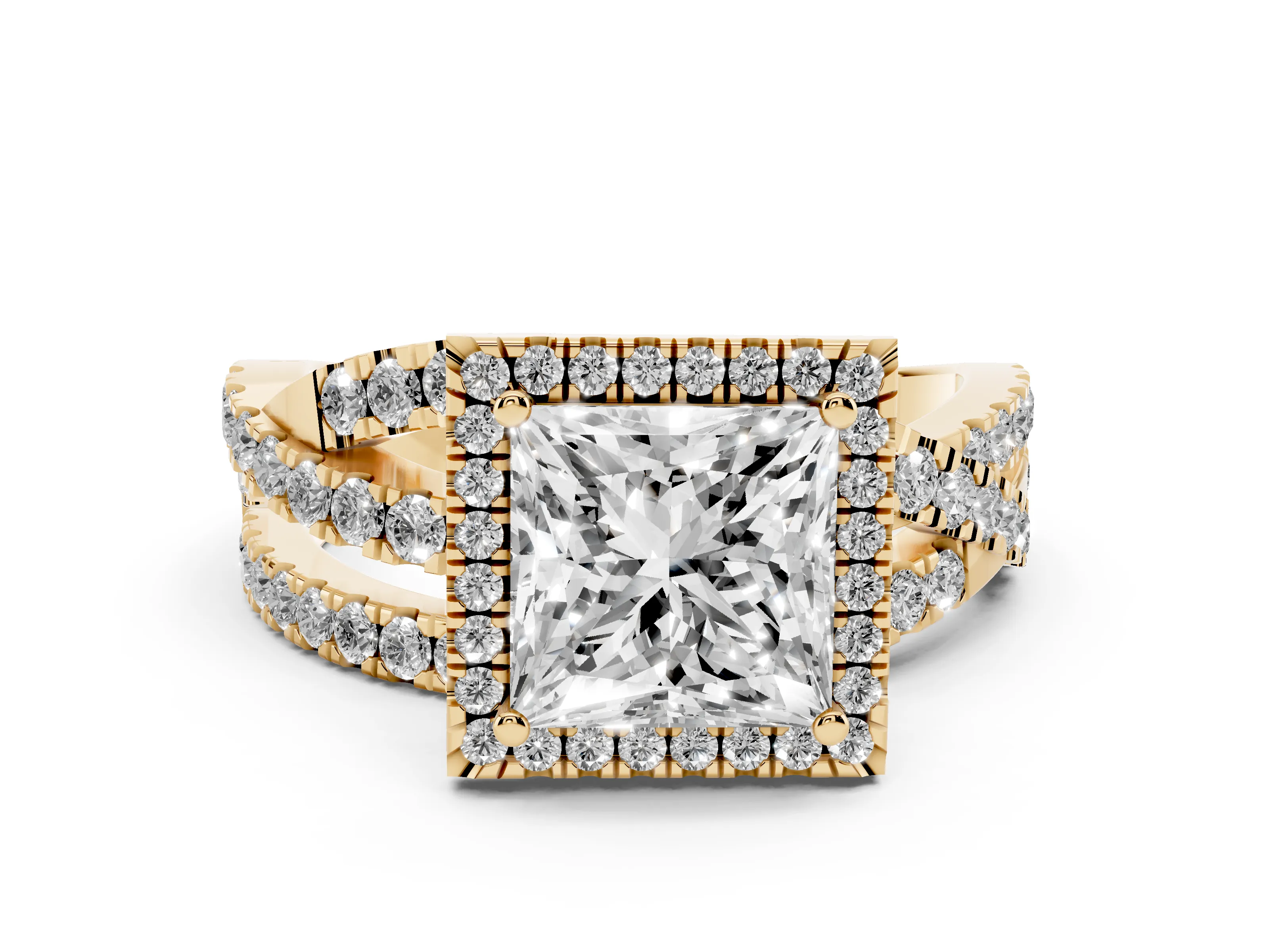 Princess Cut Diamond Halo Ring Set in Yellow gold with Round Crossover Split Shank and Prong Setting