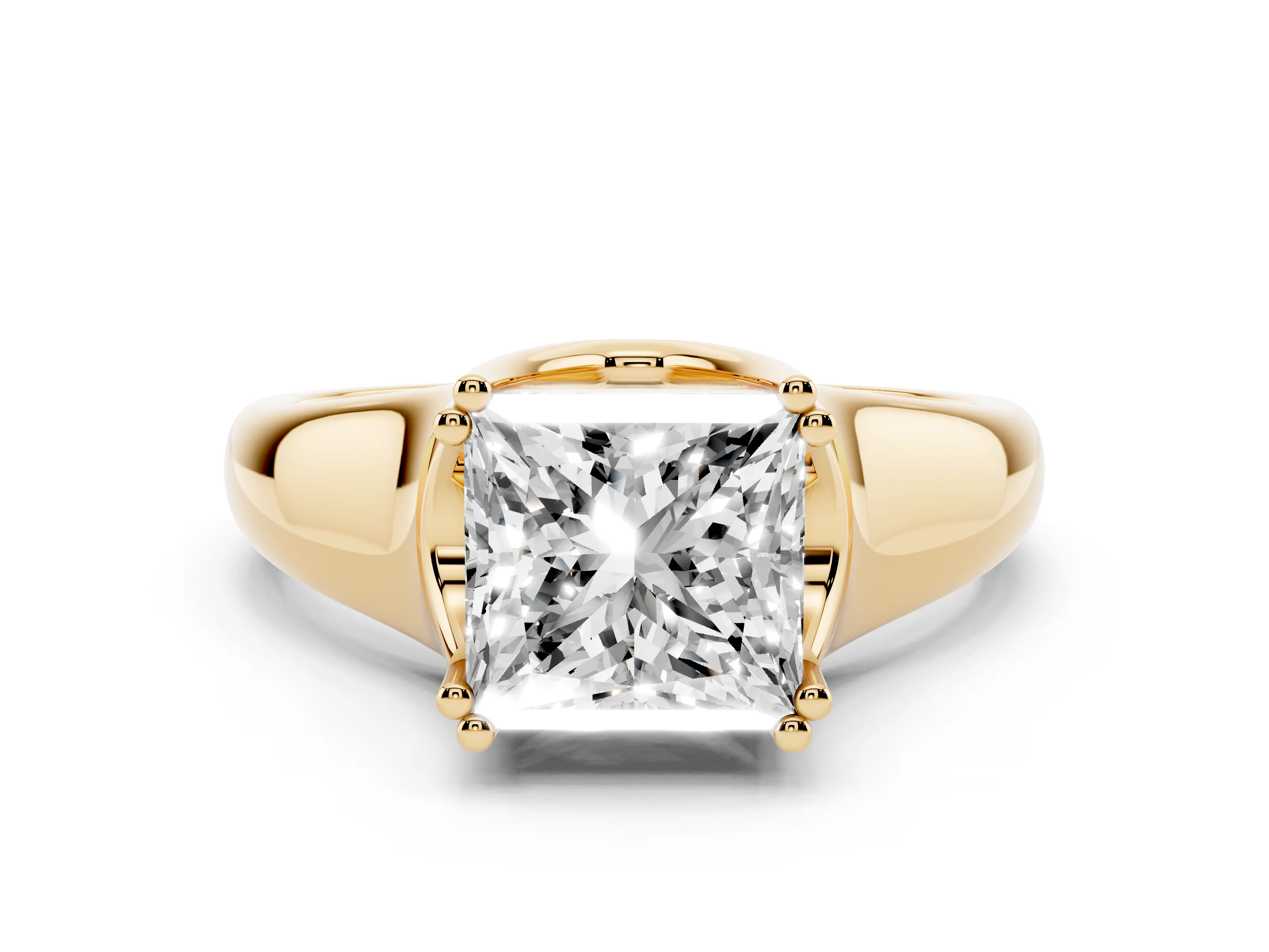 Princess Cut Diamond Solitaire Ring Set in Yellow gold with Wide Band and Prong Setting