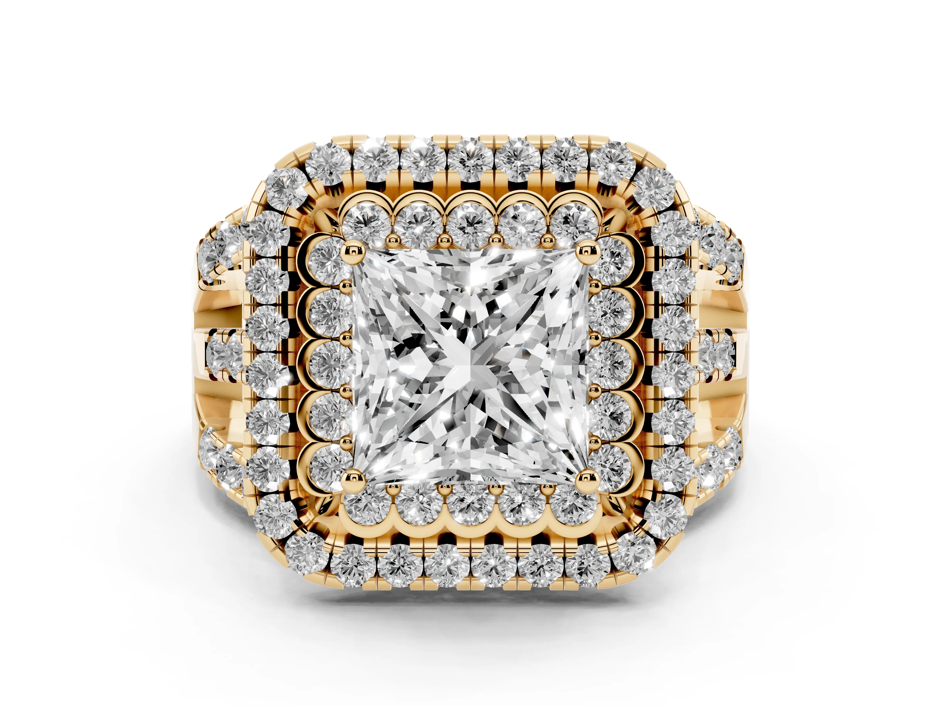 Princess Cut Diamond Double Halo Ring Set in Yellow gold with Round Pavé Split Shank