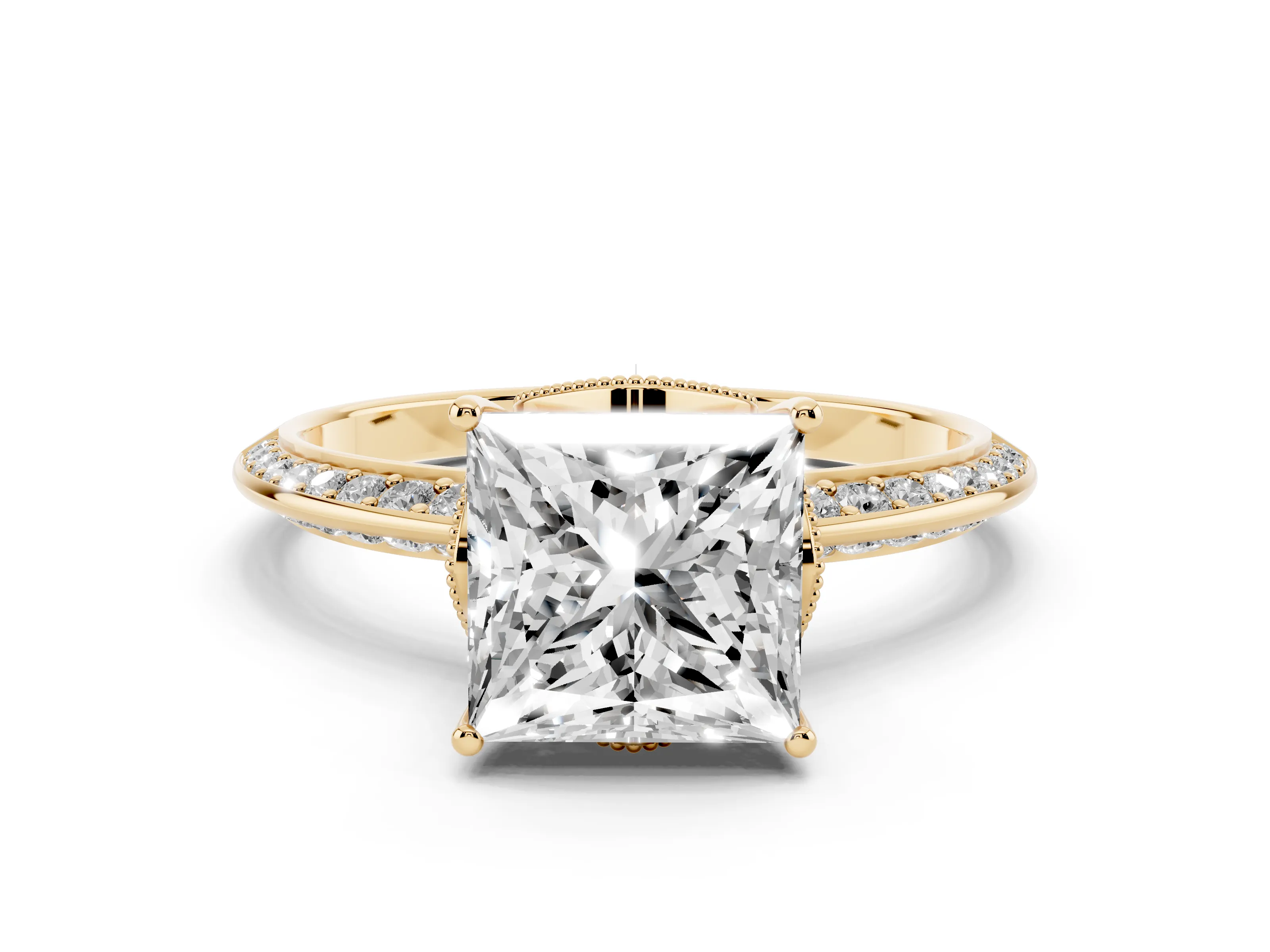 Princess Cut Diamond Solitaire Engagement Ring Set in Yellow gold with Pavé Split Shank and Prong Setting