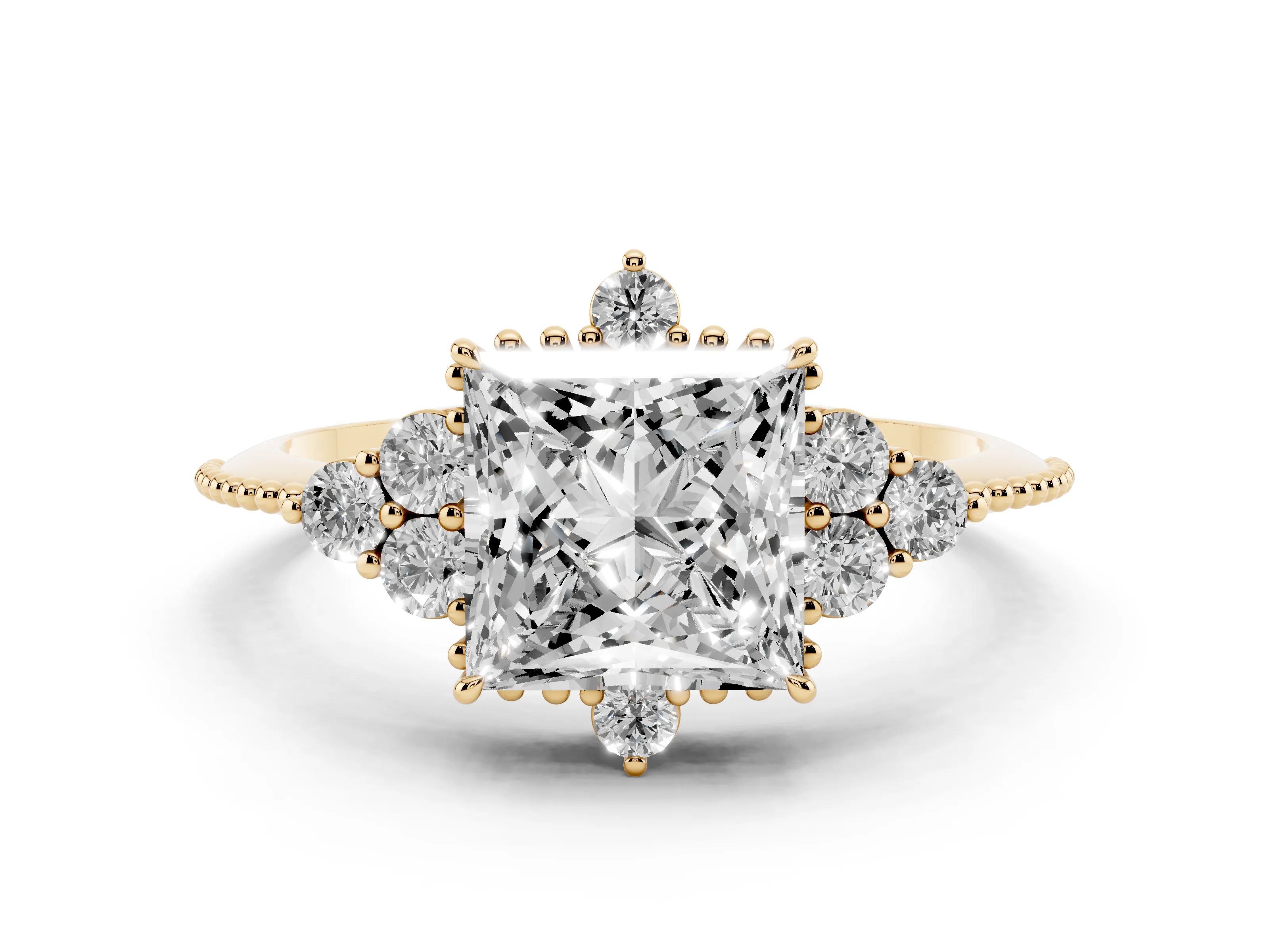 Princess Cut Diamond Cluster Ring Set in Yellow gold with Beaded Band