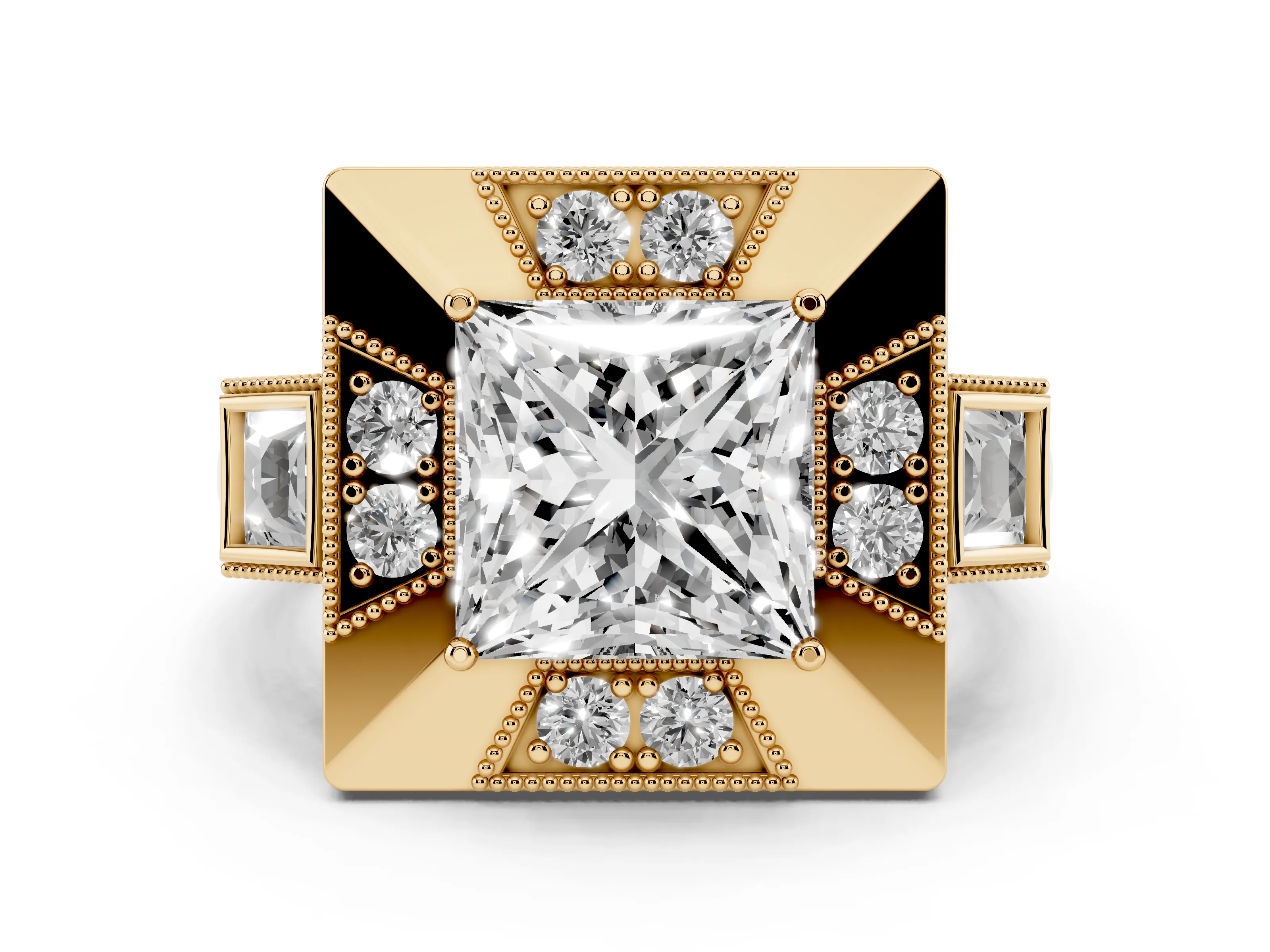 Princess Cut Diamond Milgrain Halo Ring Set in Yellow gold with Split Shank