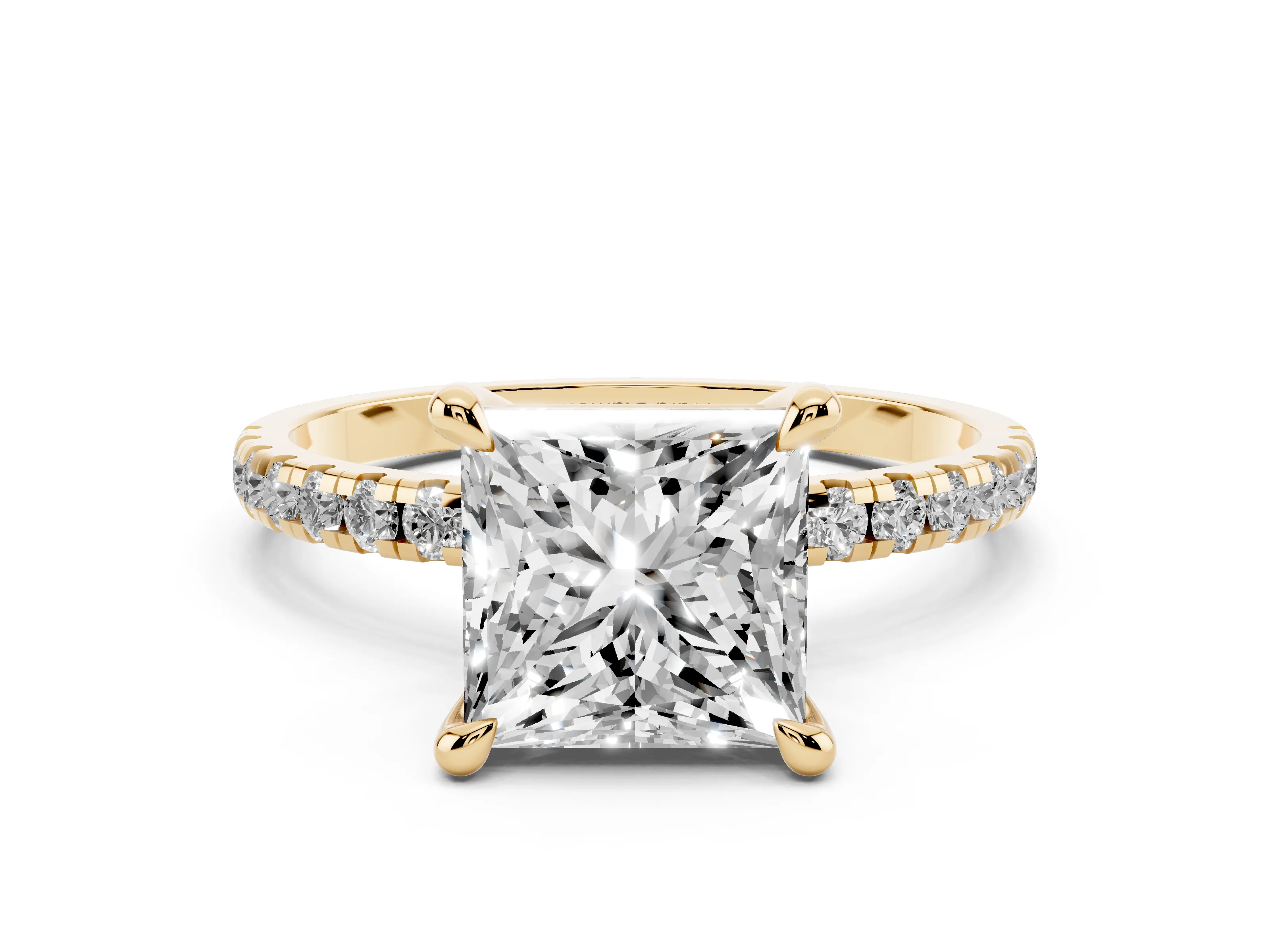Princess Cut Diamond Brilliant Solitaire Ring Set in Yellow gold with Pavé Band and Prong Setting