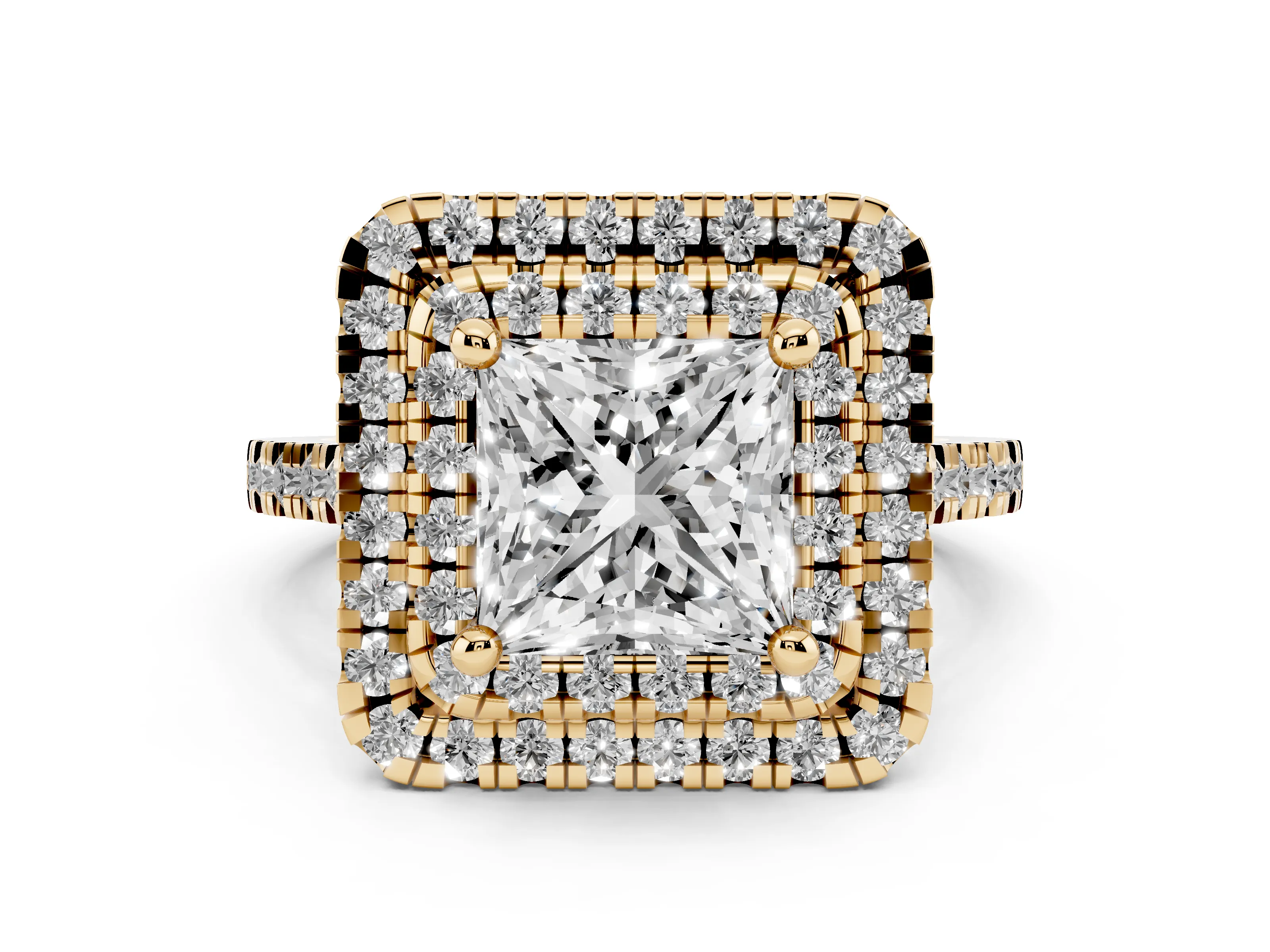 Princess Cut Diamond Double Halo Statement Ring Set in Yellow gold with Pavé Band