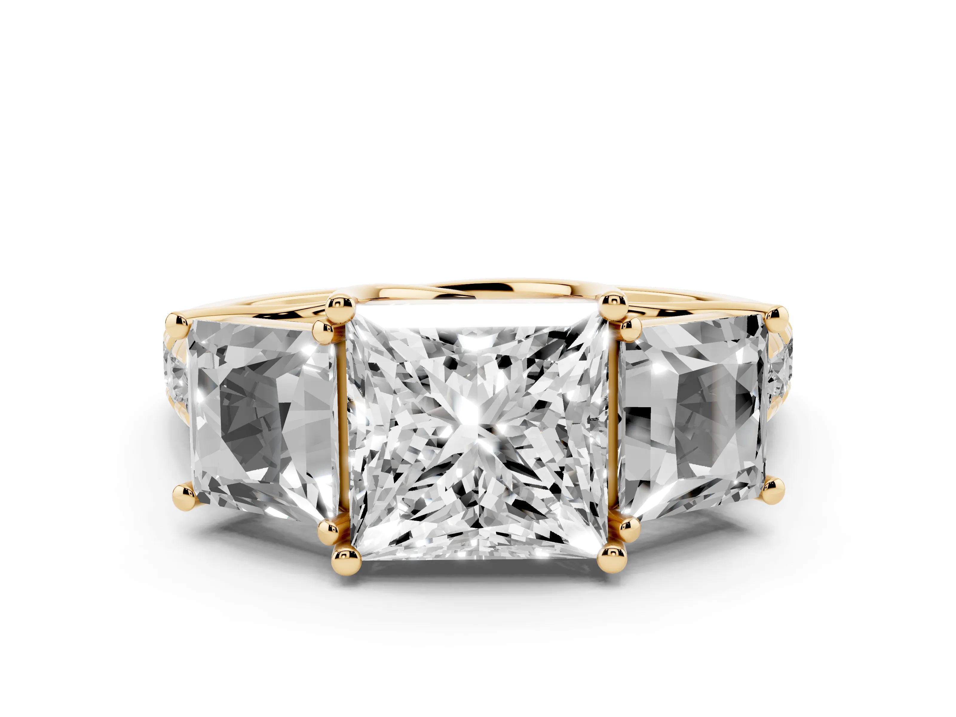 Princess Cut Diamond Three-Stone Ring Set in Yellow gold with Pavé Band