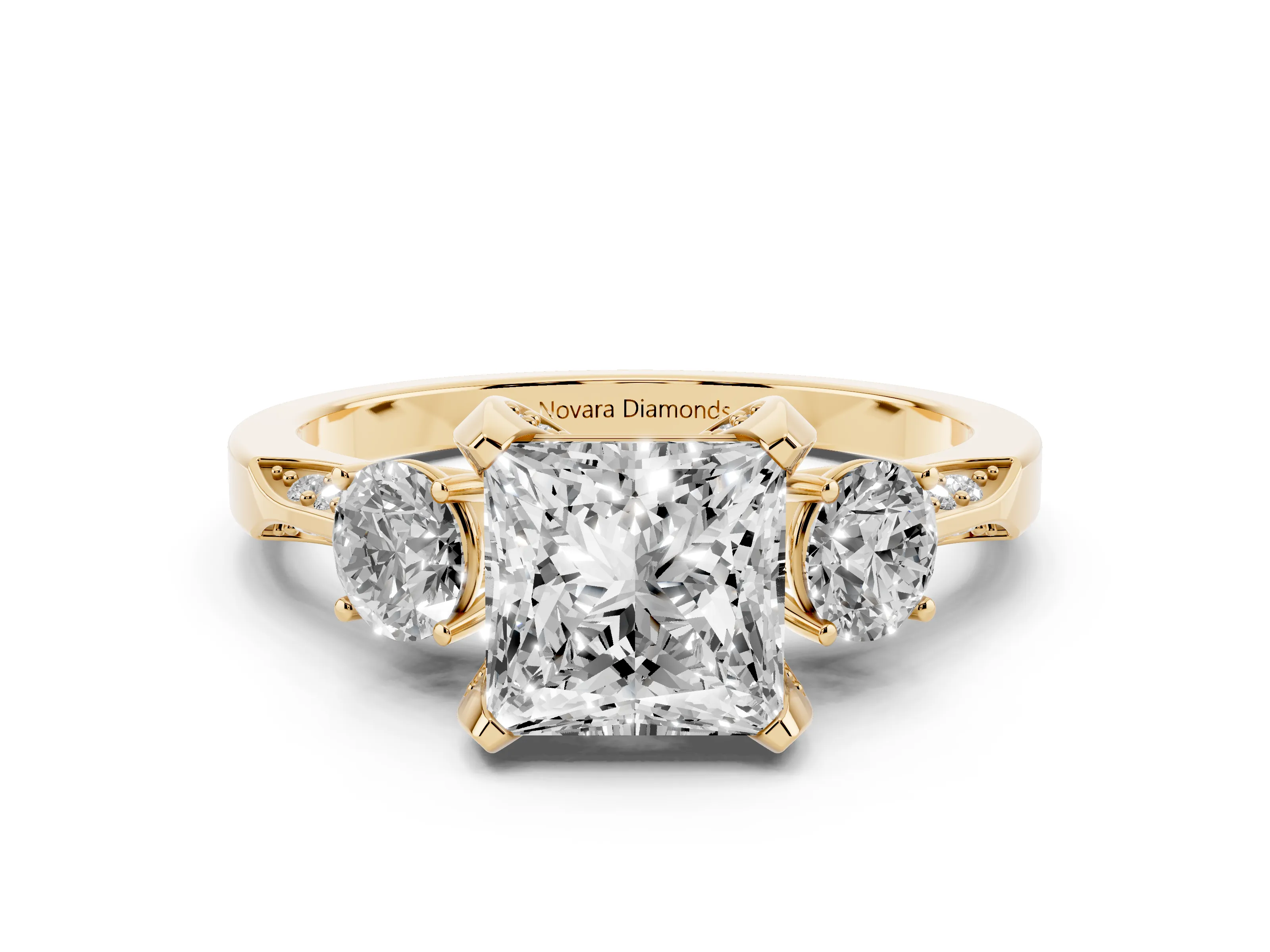 Princess Cut Diamond Three-Stone Ring Set in Yellow gold with Pavé Band and Smaller Side Stones