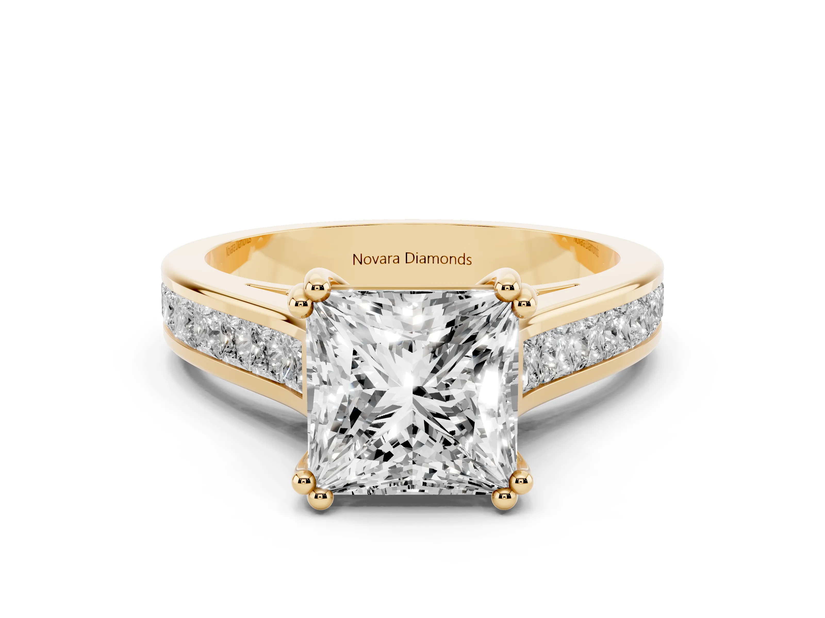 Princess Cut Diamond Channel Set Solitaire Engagement Ring Set in Yellow gold with Prong Setting