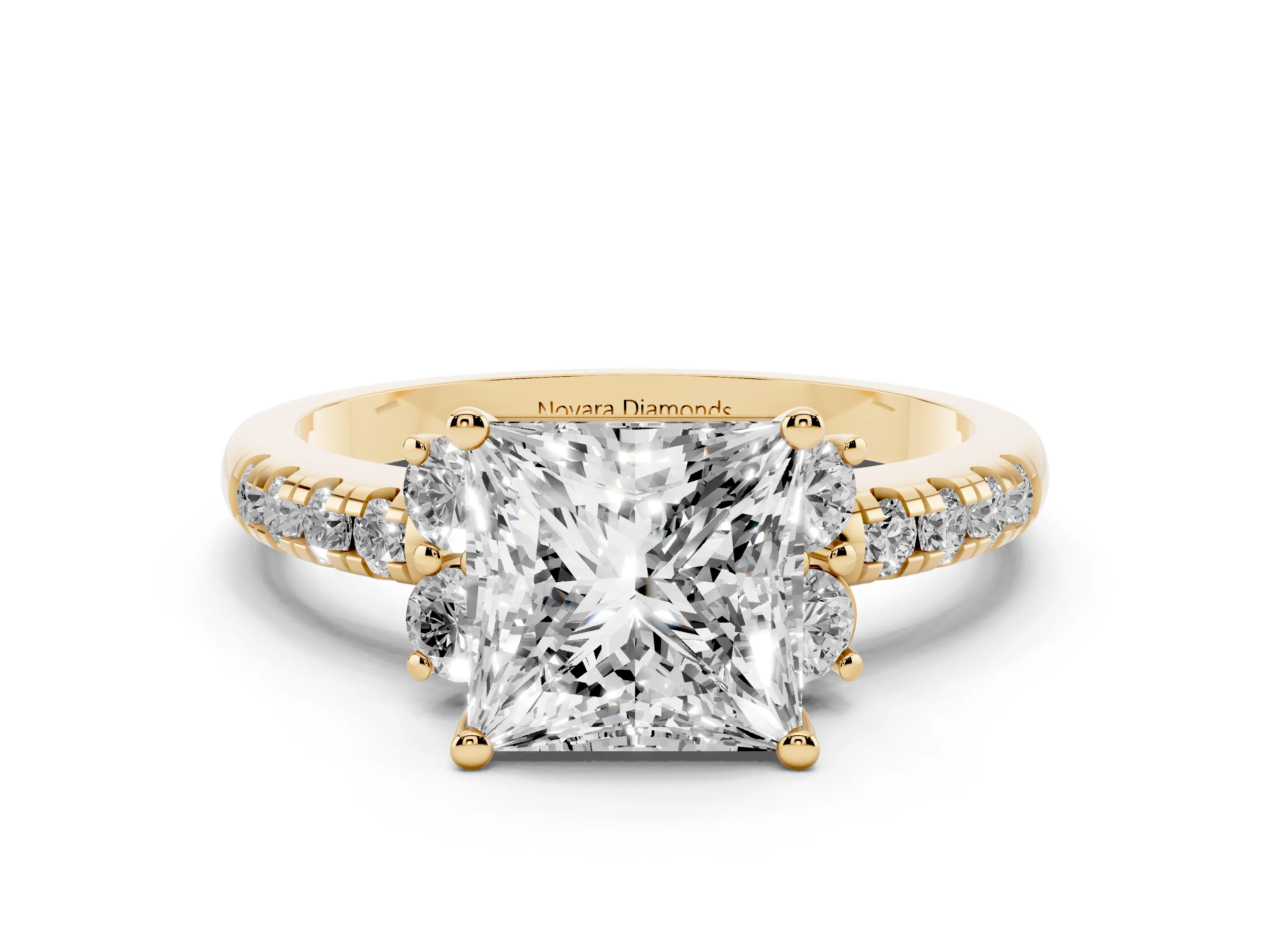 Princess Cut Diamond Three-Stone Pavé Ring Set in Yellow gold with Prong Setting