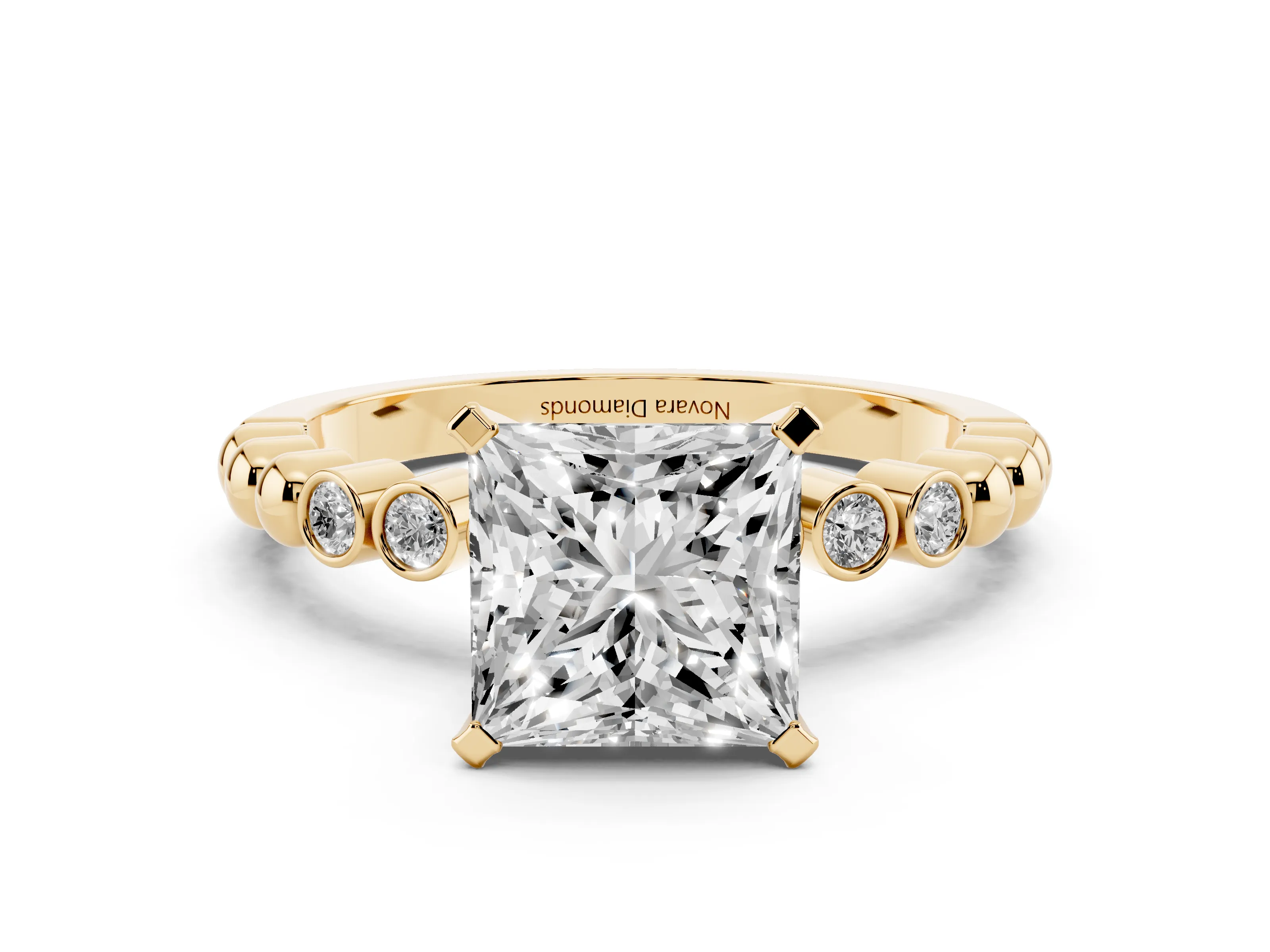 Princess Cut Diamond Solitaire Engagement Ring Set in Yellow gold with Bezel Accents on Beaded Band