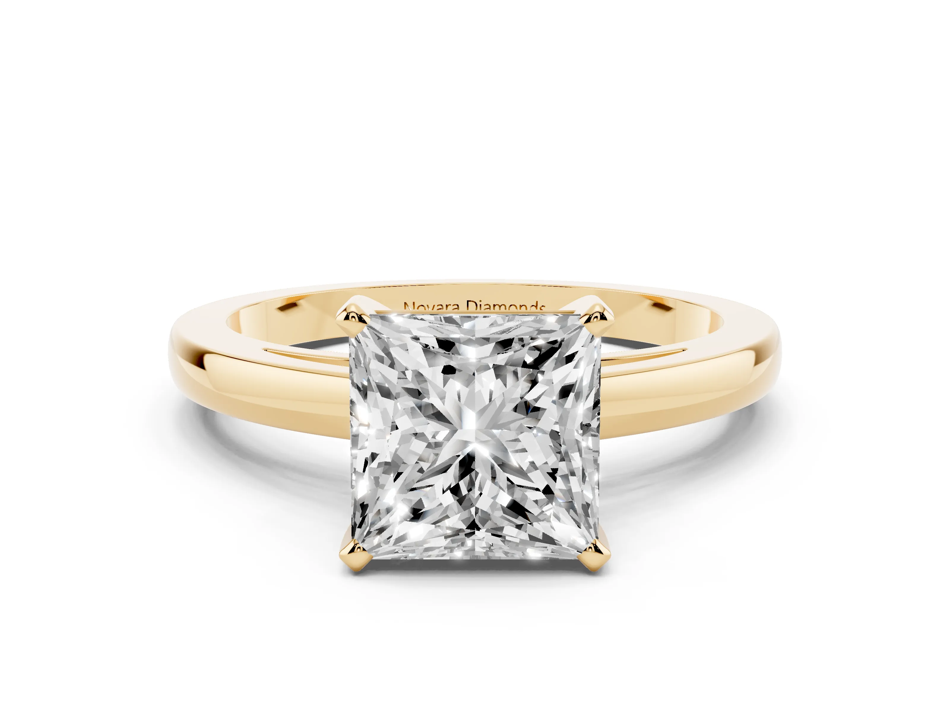 Princess Cut Diamond Solitaire Engagement Ring Set in Yellow gold with Prong Setting on a Classic Band