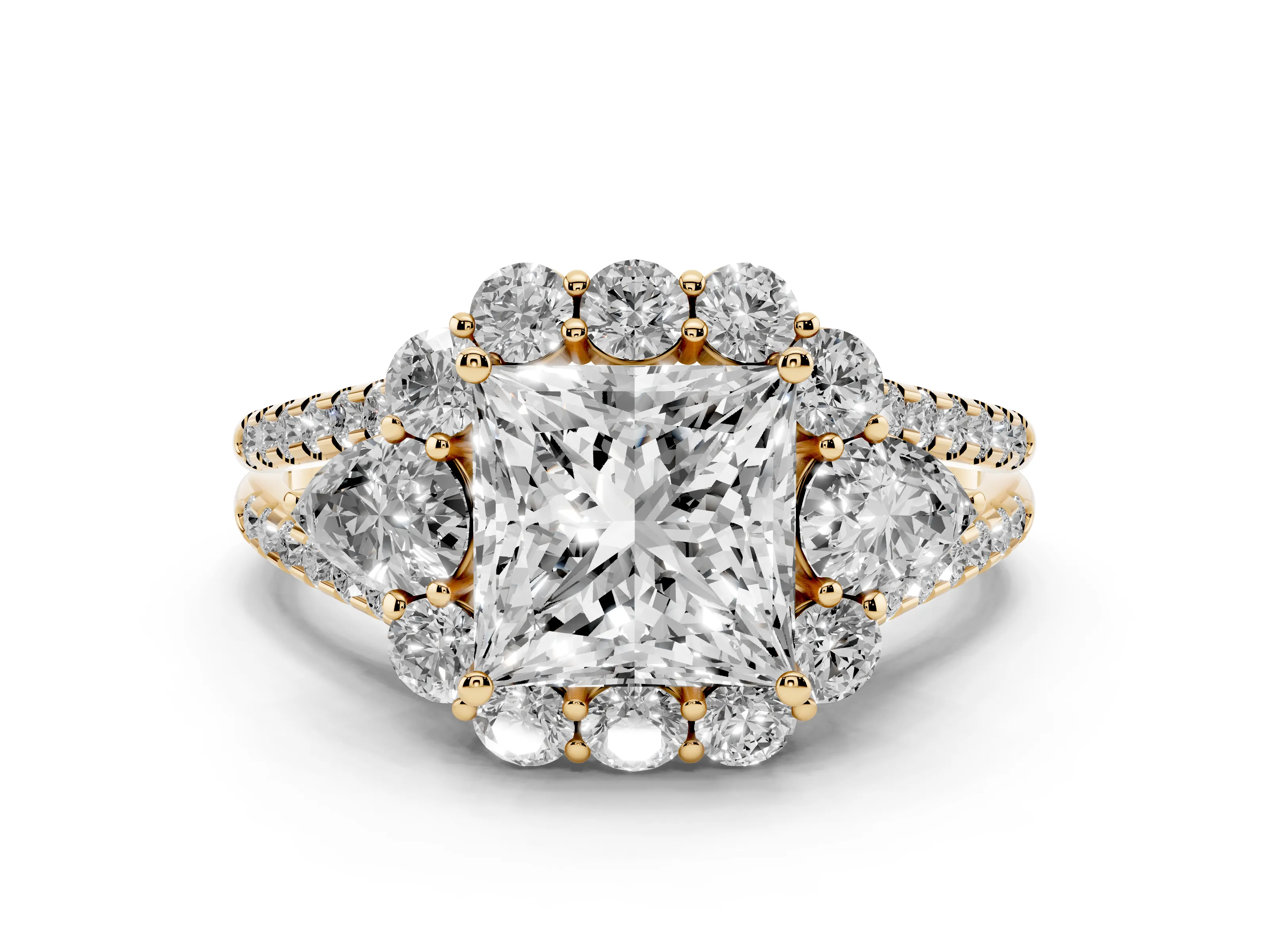 Princess Cut Diamond Halo Split Shank Engagement Ring Set in Yellow gold with Prong-Held Center Stone