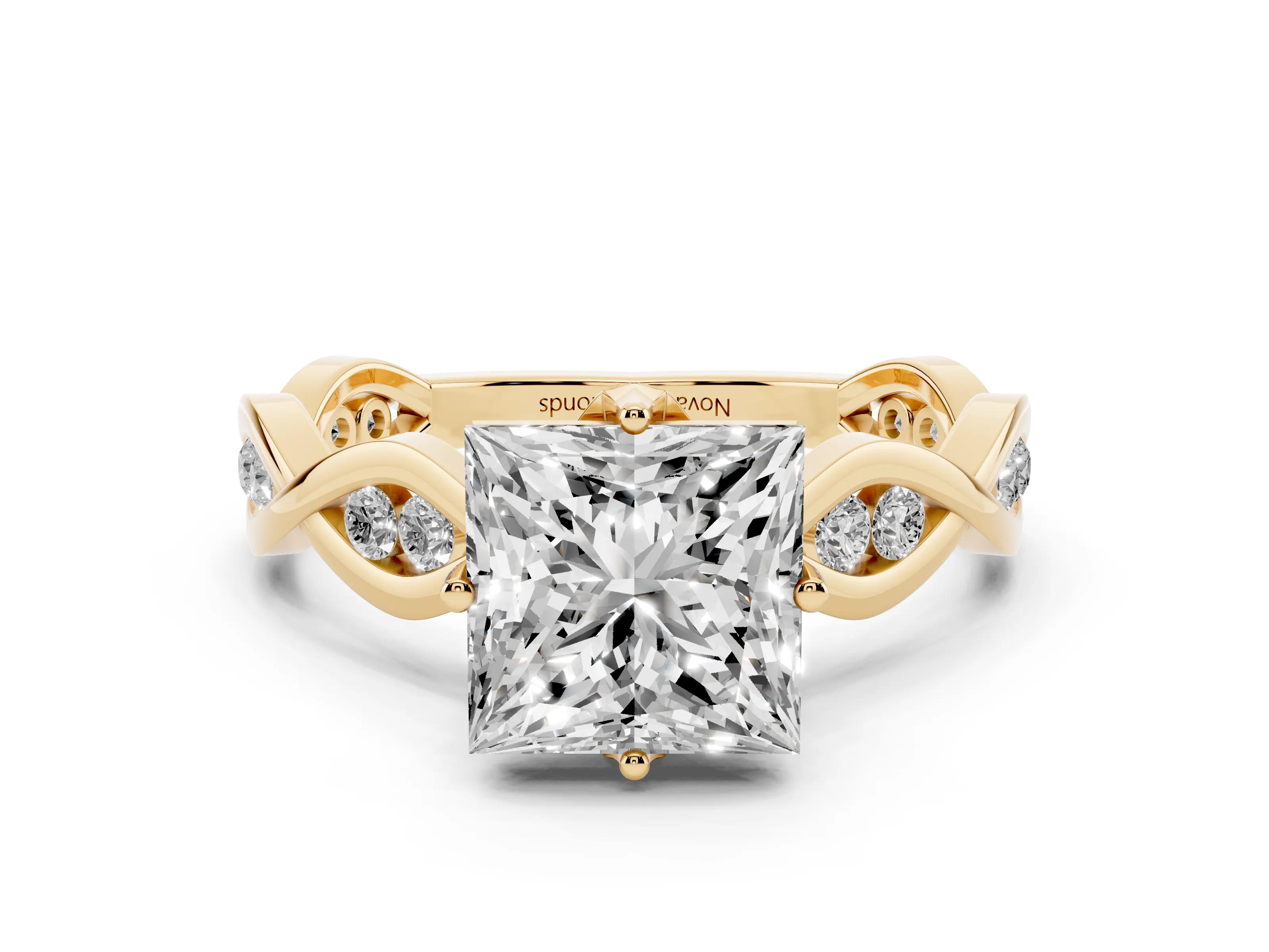 Princess Cut Diamond Twist Band Solitaire Ring Set in Yellow gold with Leaf Prong Setting and Accent Stones