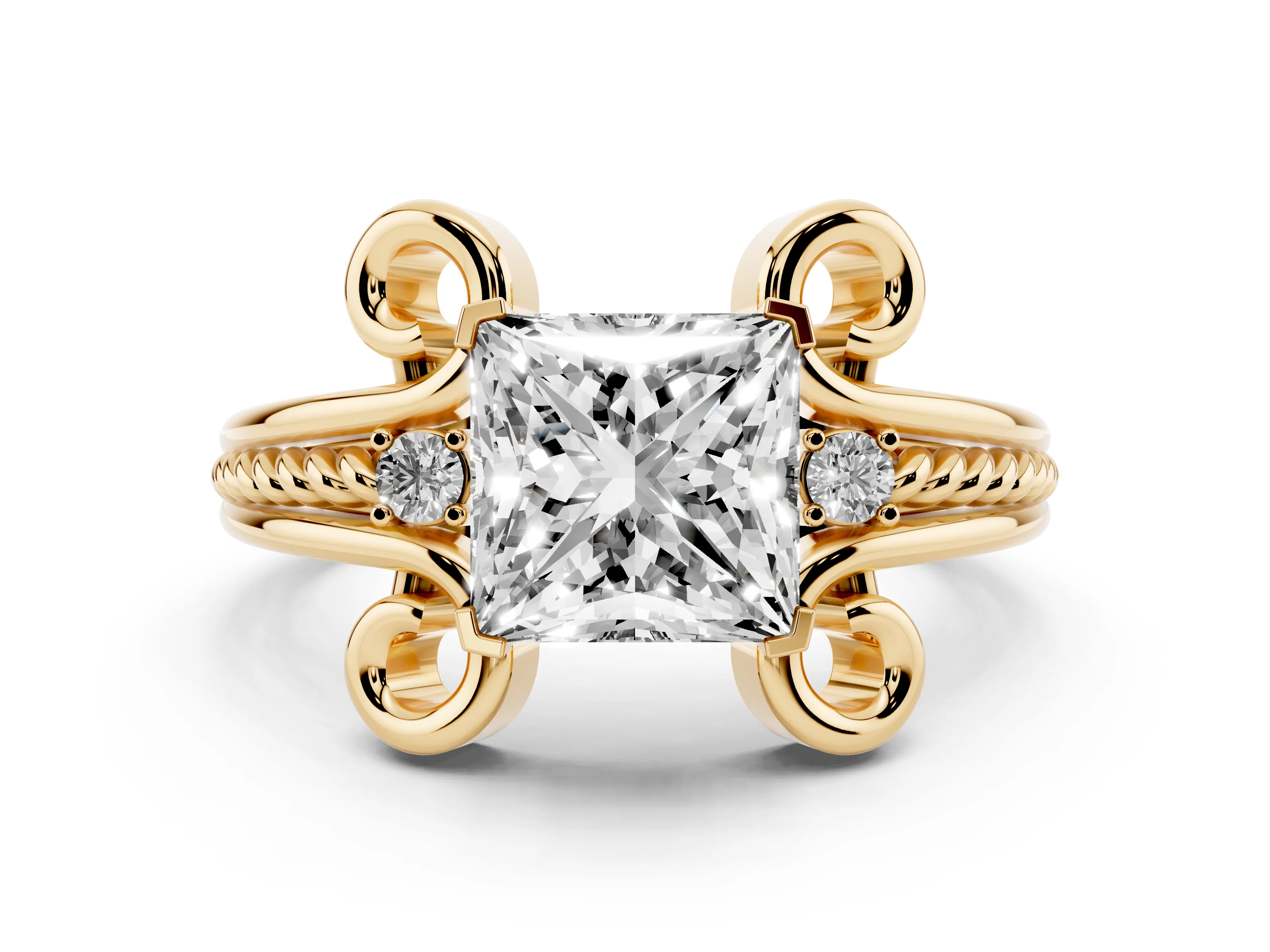 Princess Cut Diamond Twisted Band Solitaire Ring Set in Yellow gold with Scroll Prongs