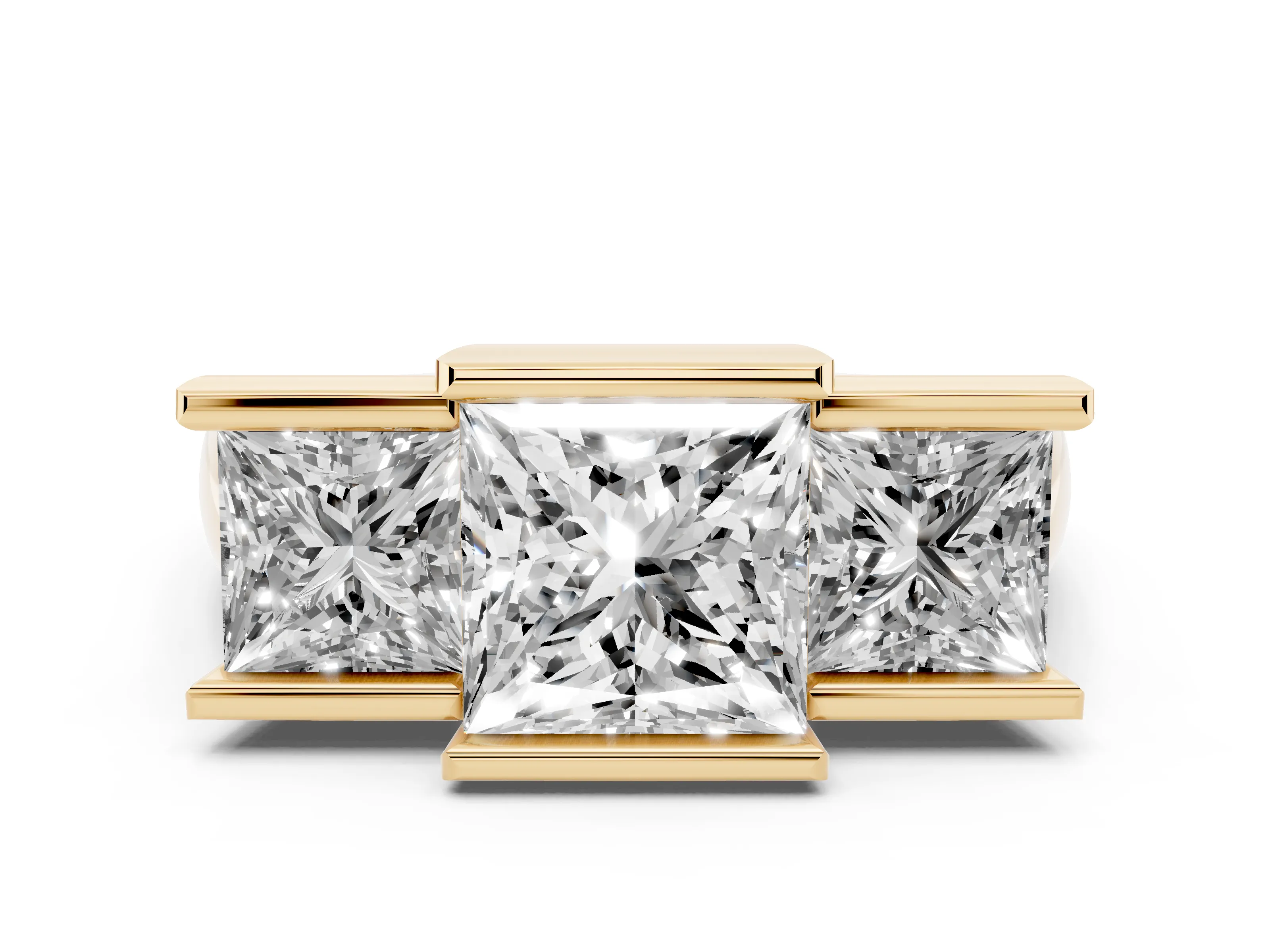 Princess Cut Diamond Three-Stone Channel Set Ring Set in Yellow gold with Smooth Polished Band