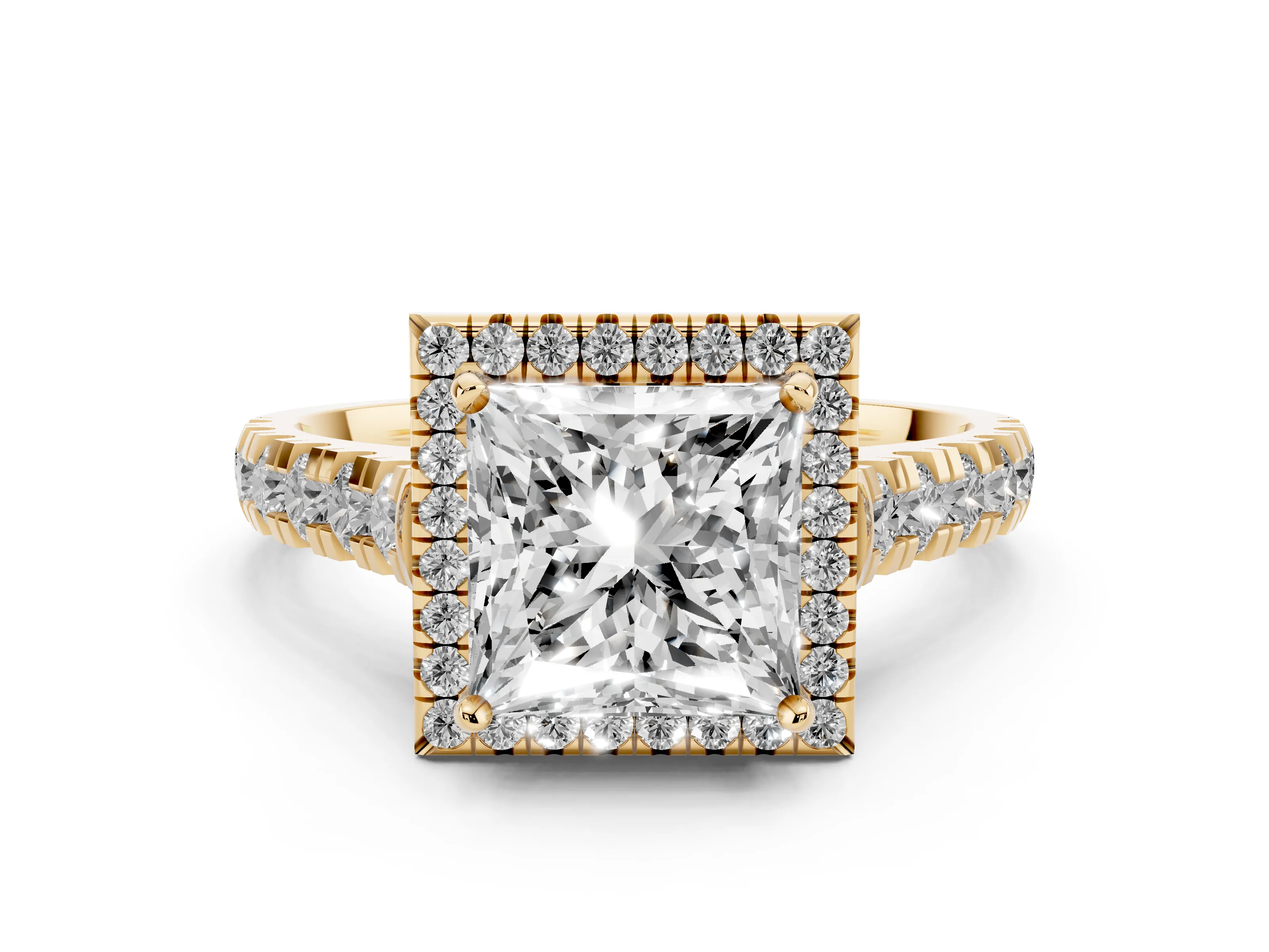 Princess Cut Diamond Halo Engagement Ring Set in Yellow gold with Pavé Band and Prong-Set Center