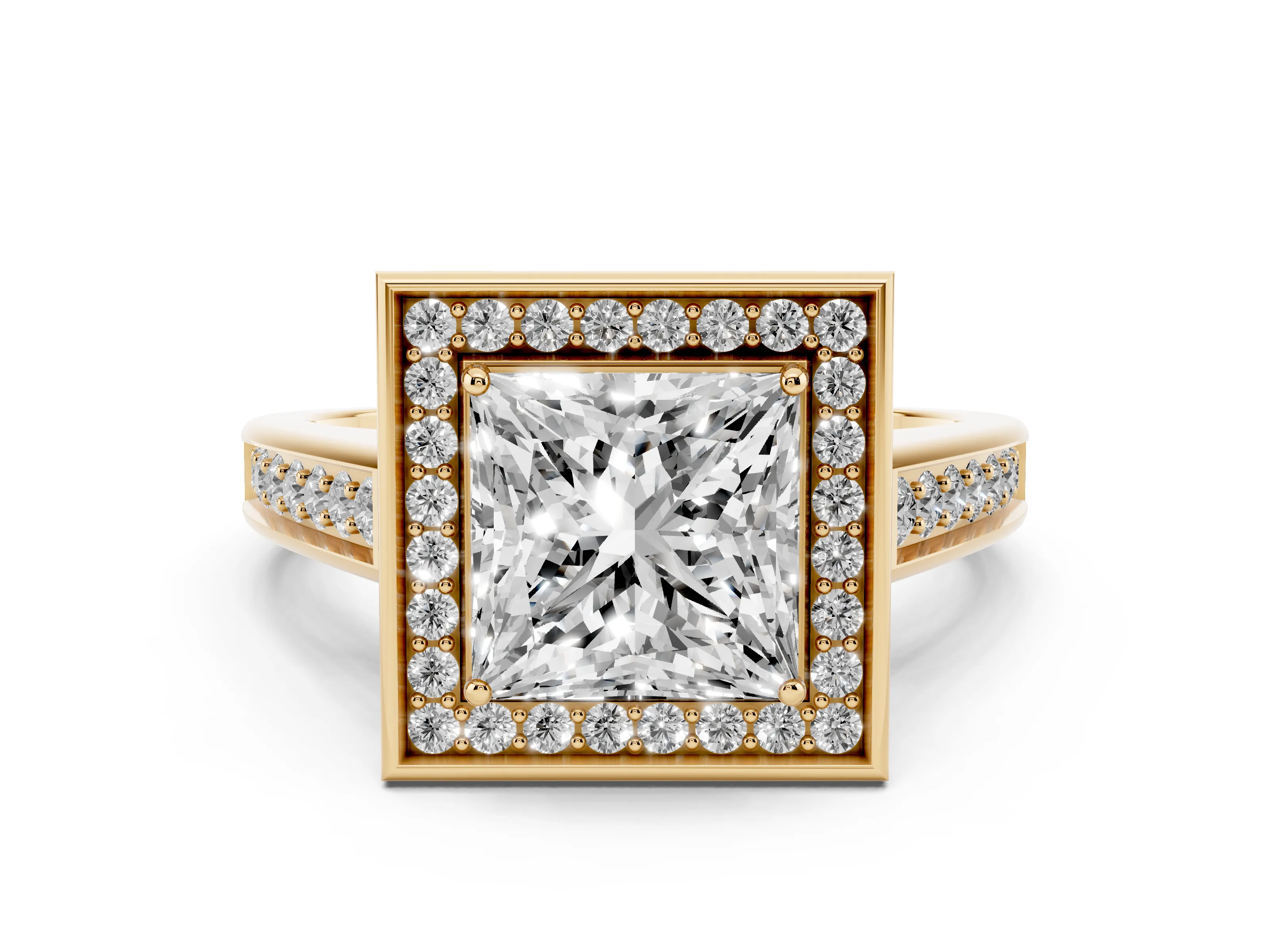 Princess Cut Diamond Halo Solitaire Ring Set in Yellow gold with Pavé Band and Bezel Setting
