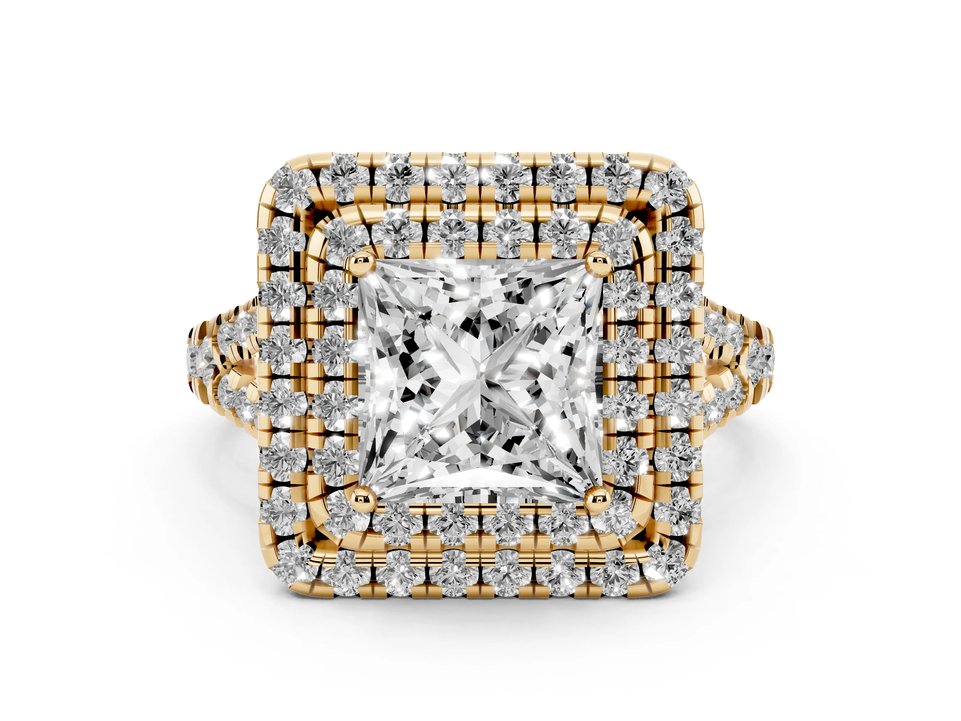 Princess Cut Diamond Double Halo Ring Set in Yellow gold with Pavé Split Shank and Prong Setting