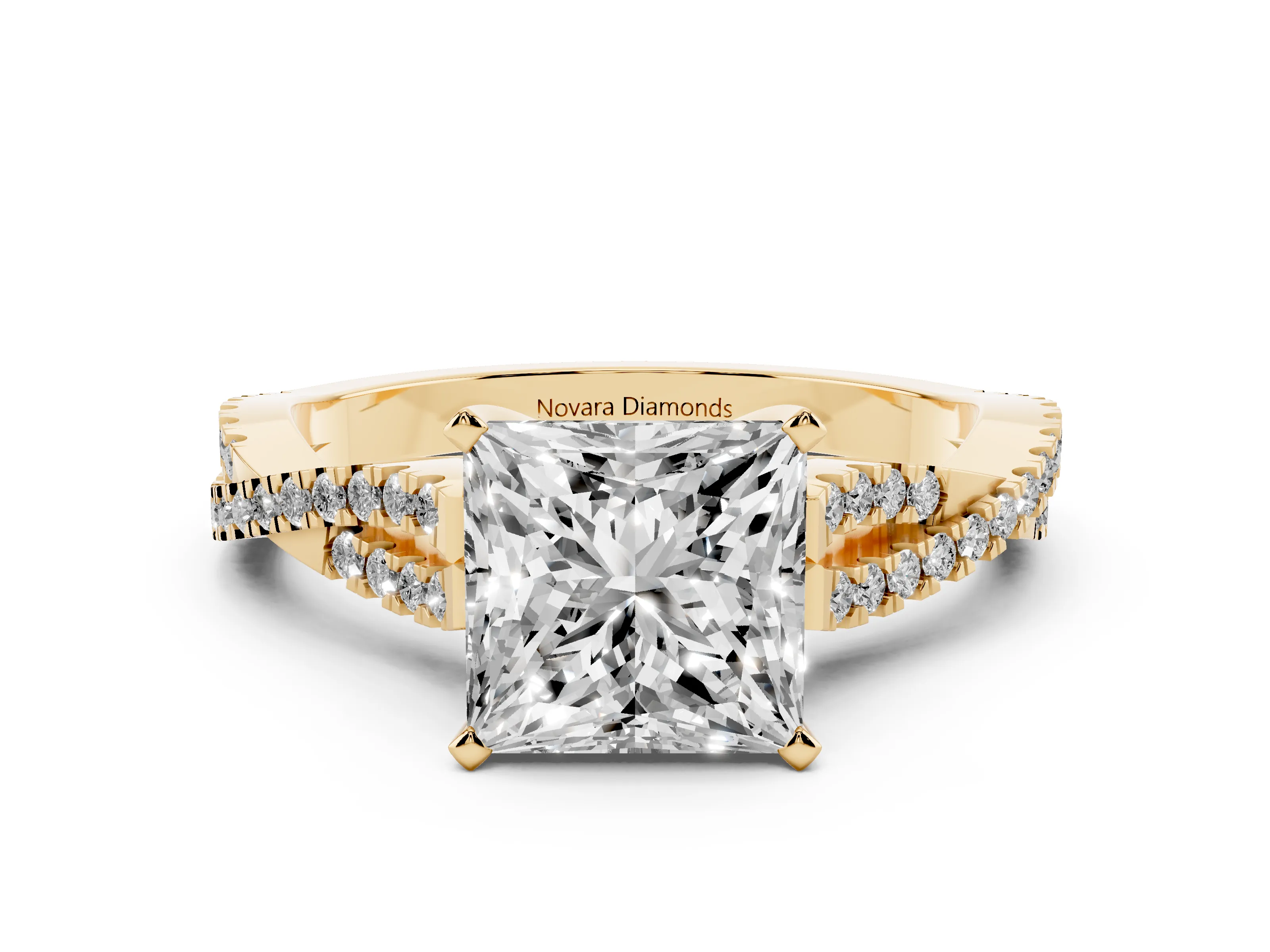 Princess Cut Diamond Solitaire Engagement Ring Set in Yellow gold with Twisted Pavé Band and Prong Setting