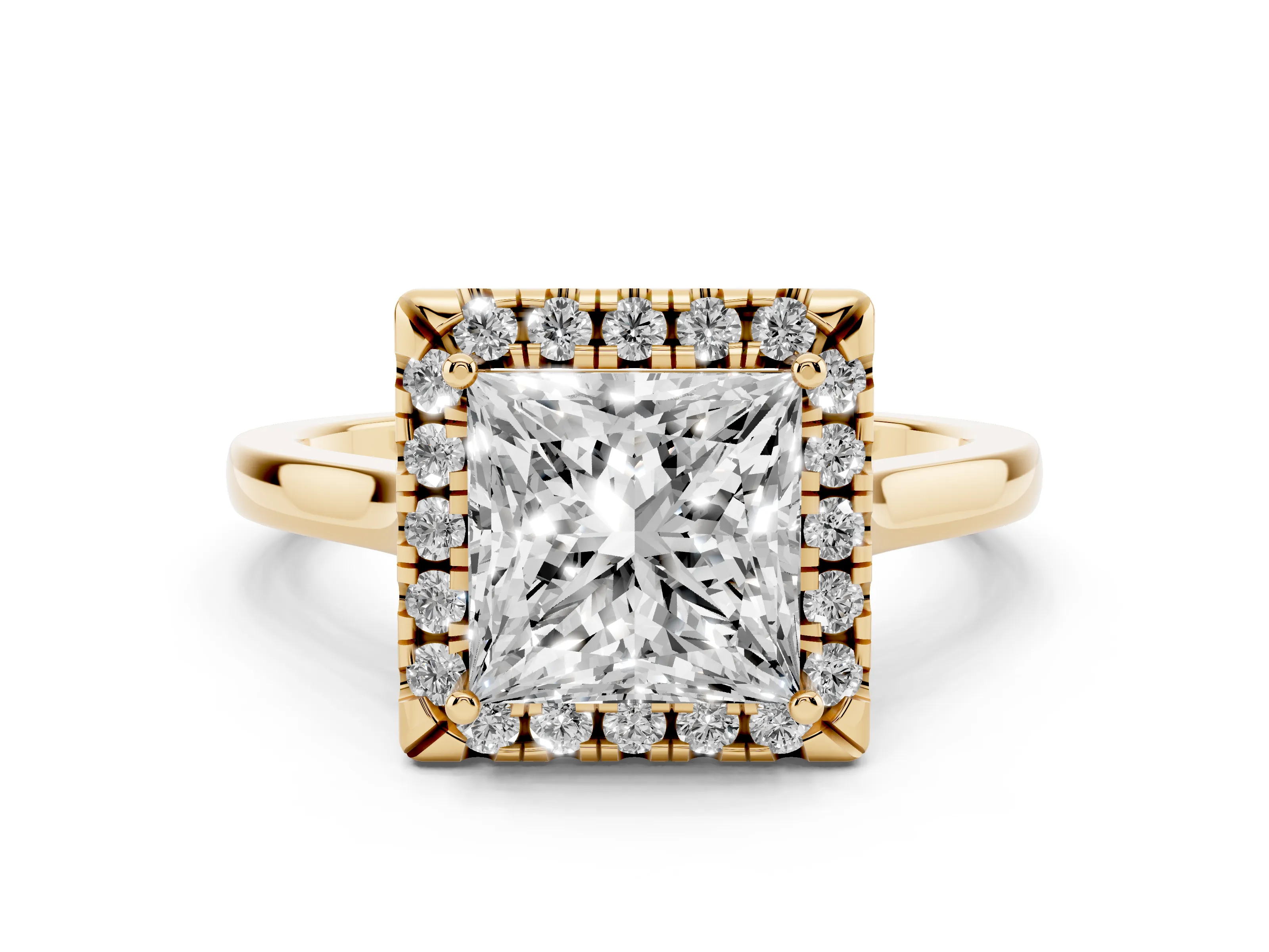 Princess Cut Halo Round Diamond Solitaire Ring Set in Yellow gold with Pavé Band and Prong Setting