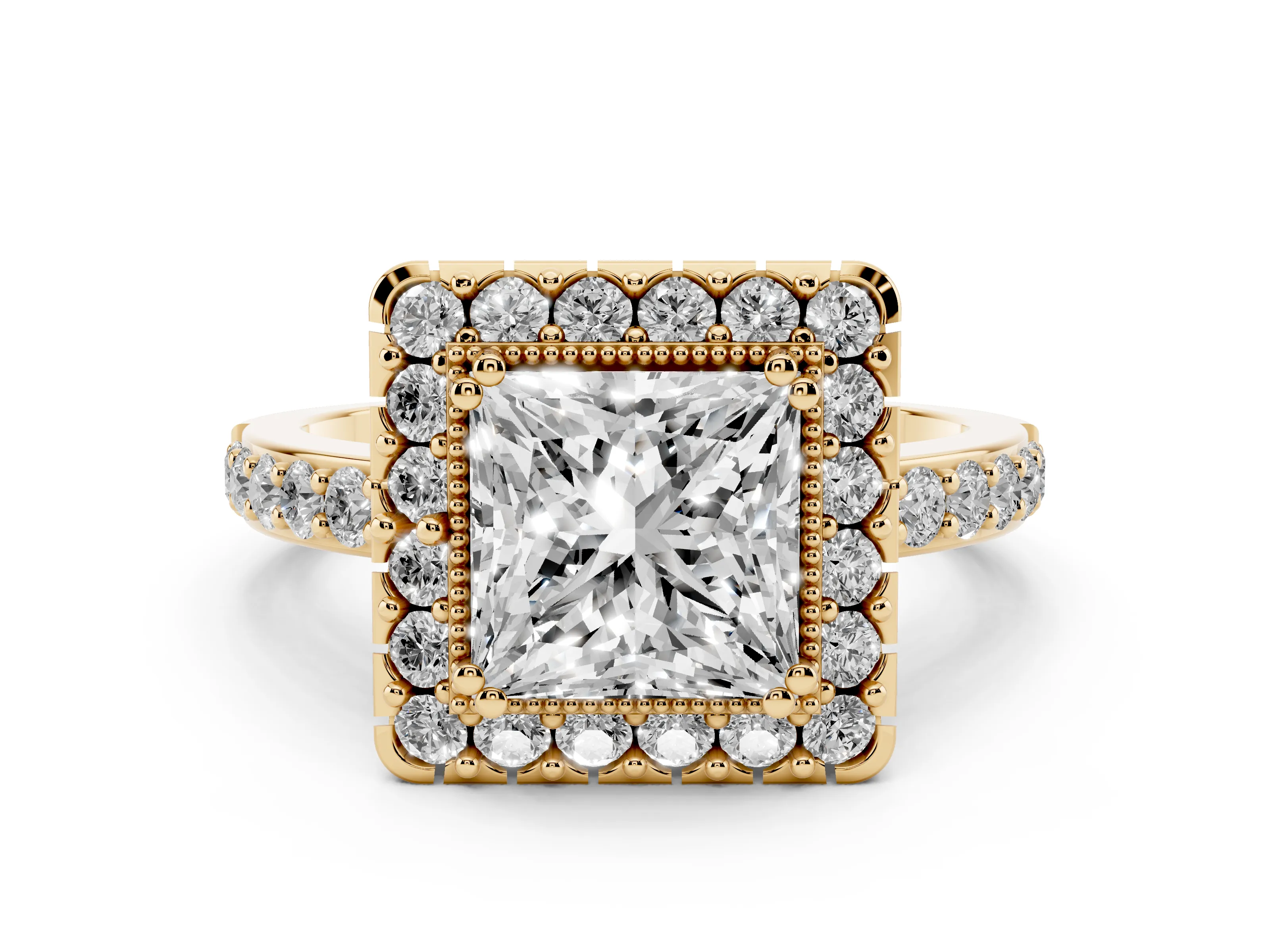 Princess Cut Diamond Halo Ring Set in Yellow gold with Pavé Shank and Prong Setting