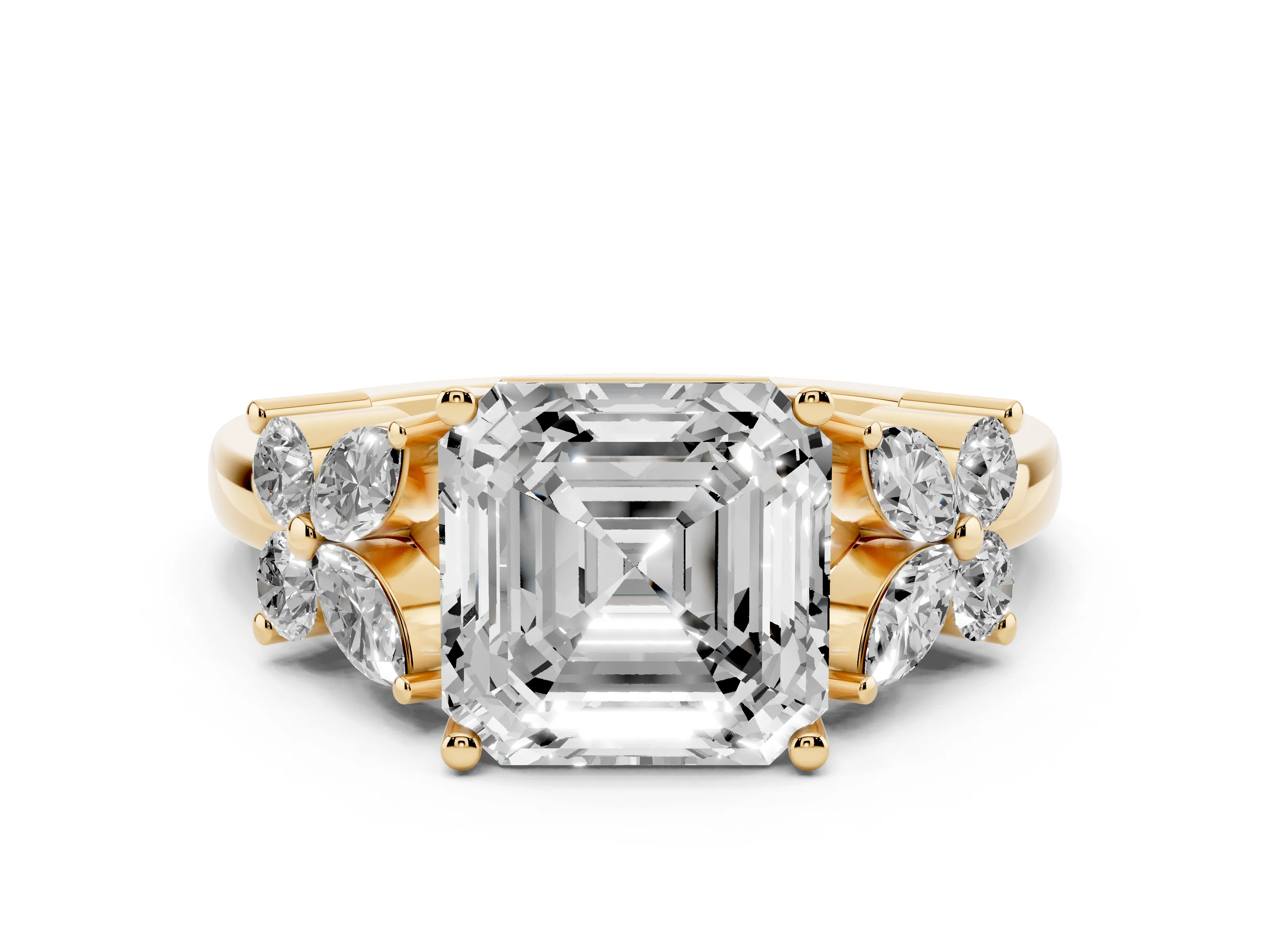 Princess Cut Diamond Floral Cluster Ring Set in Yellow gold with Marquise Petals and Prong Setting