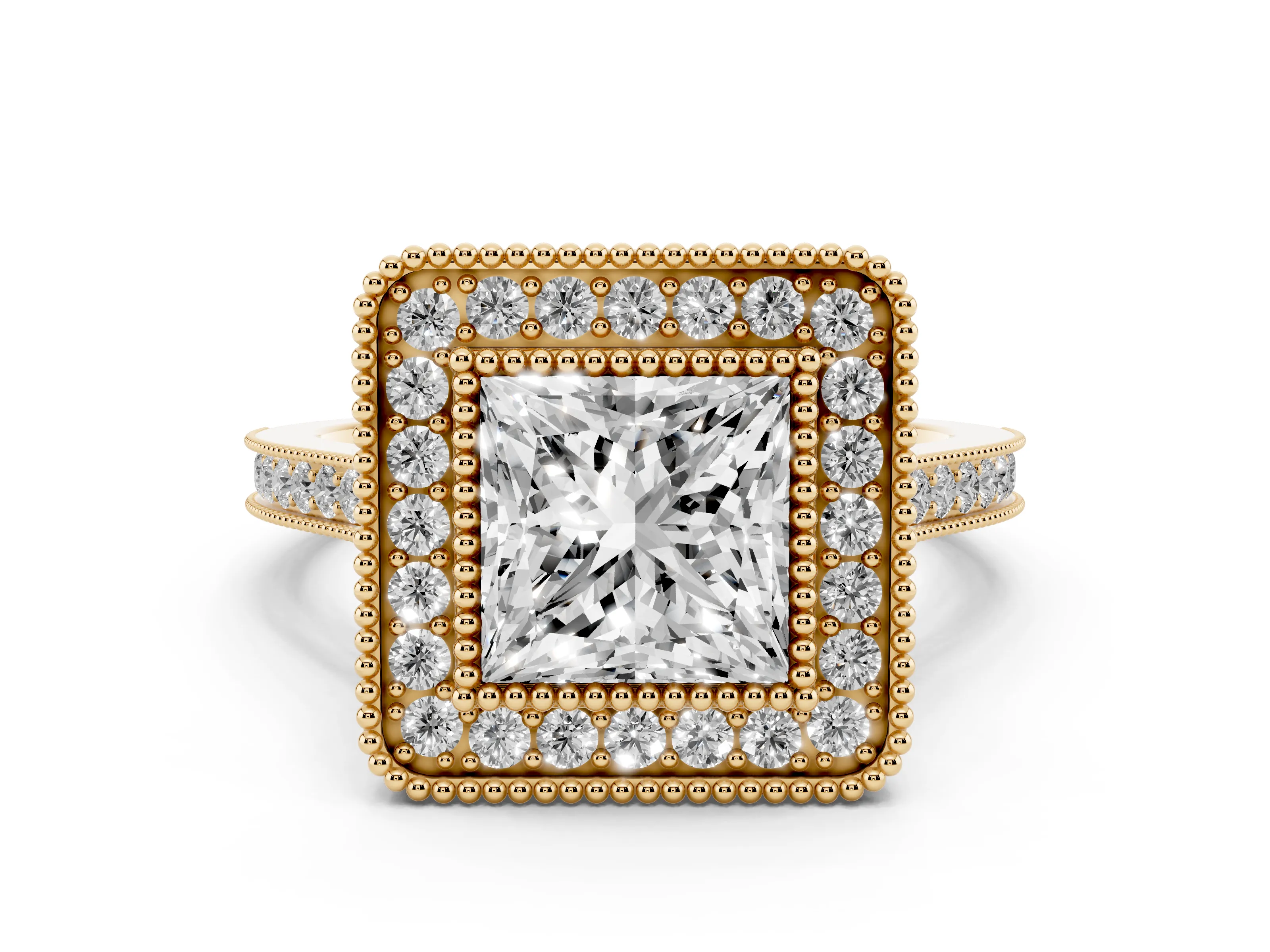 Princess Cut Diamond Halo Ring Set in Yellow gold with Milgrain Frame and Pavé Band