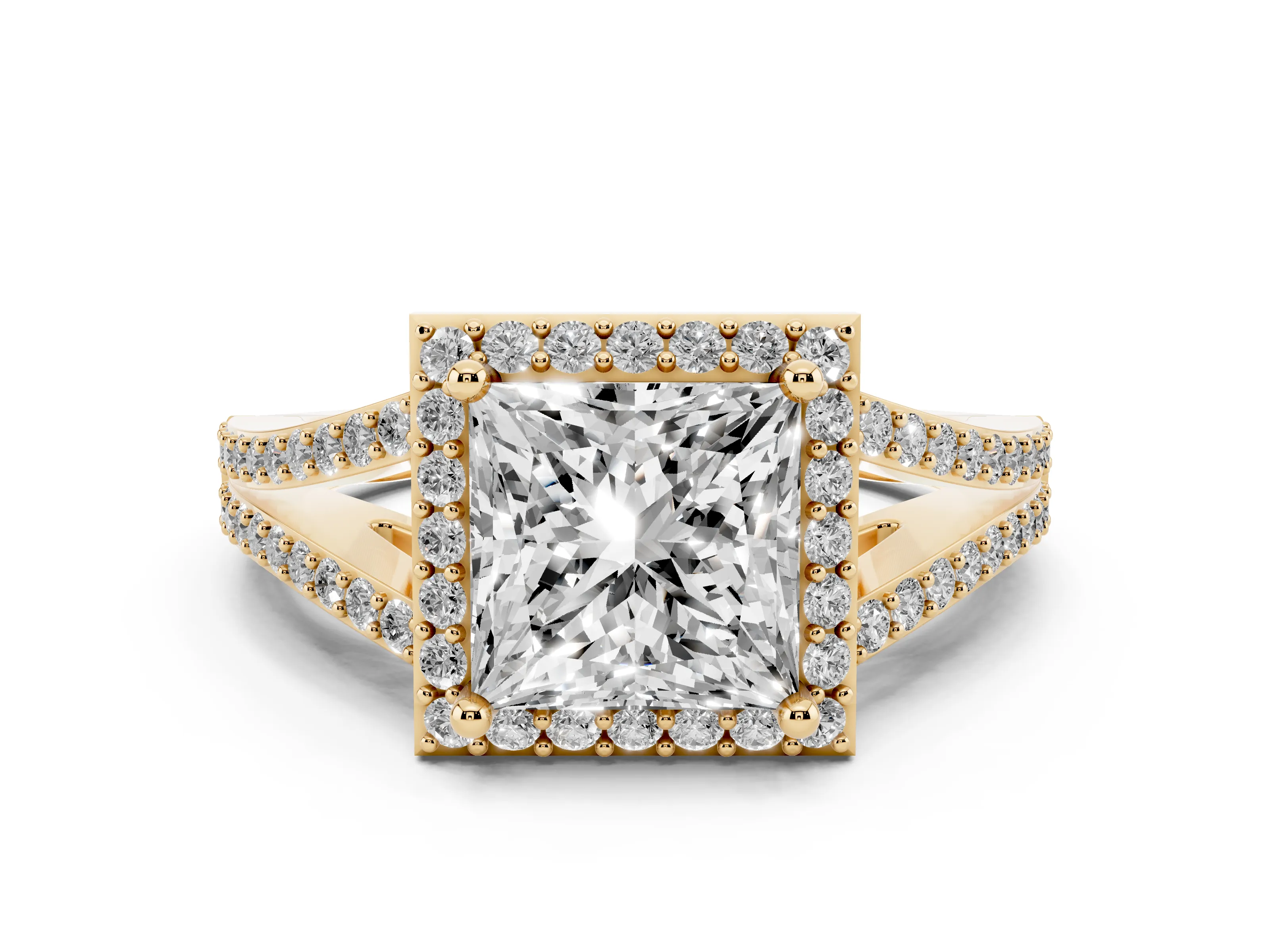 Princess Cut Diamond Halo Split Shank Pavé Ring Set in Yellow gold with Prong Setting
