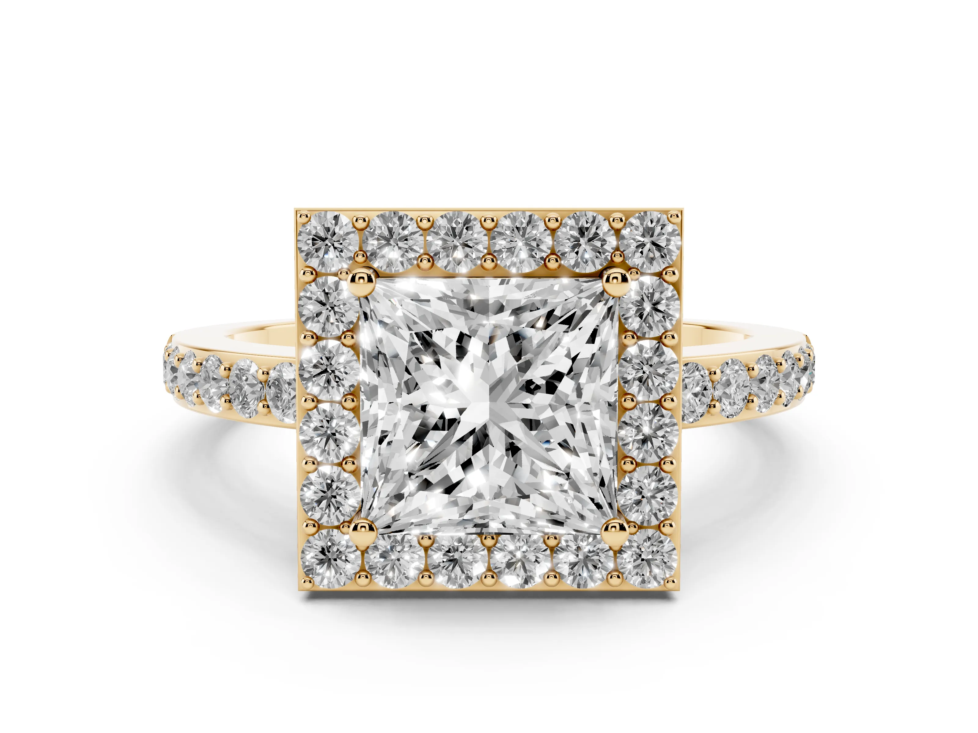 Princess Cut Diamond Halo Ring Set in Yellow gold with Pavé-Setting Band and Open Prong Center
