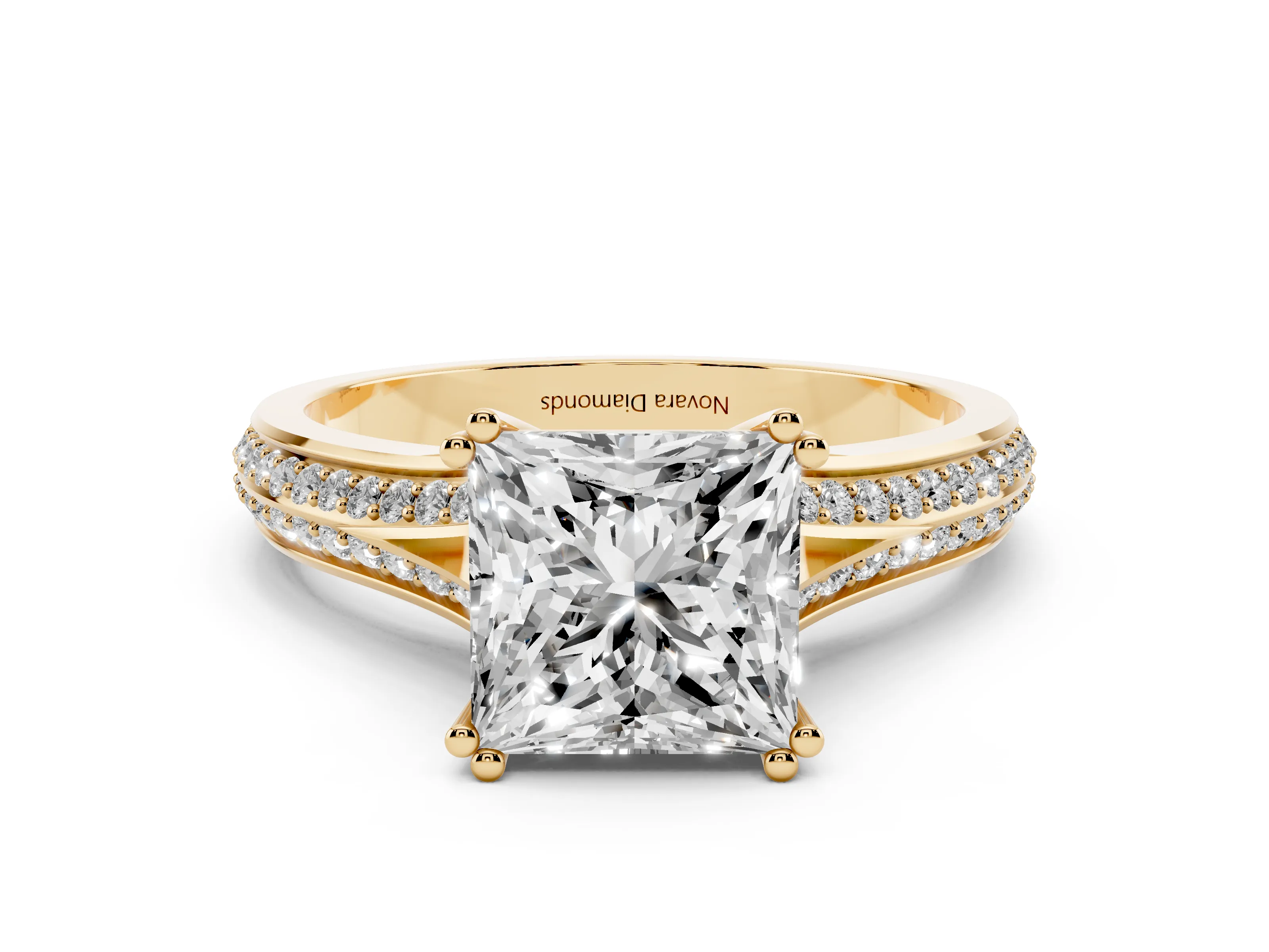 Princess Cut Diamond Split Shank Pavé Engagement Ring Set in Yellow gold with Prong-Set Center Stone