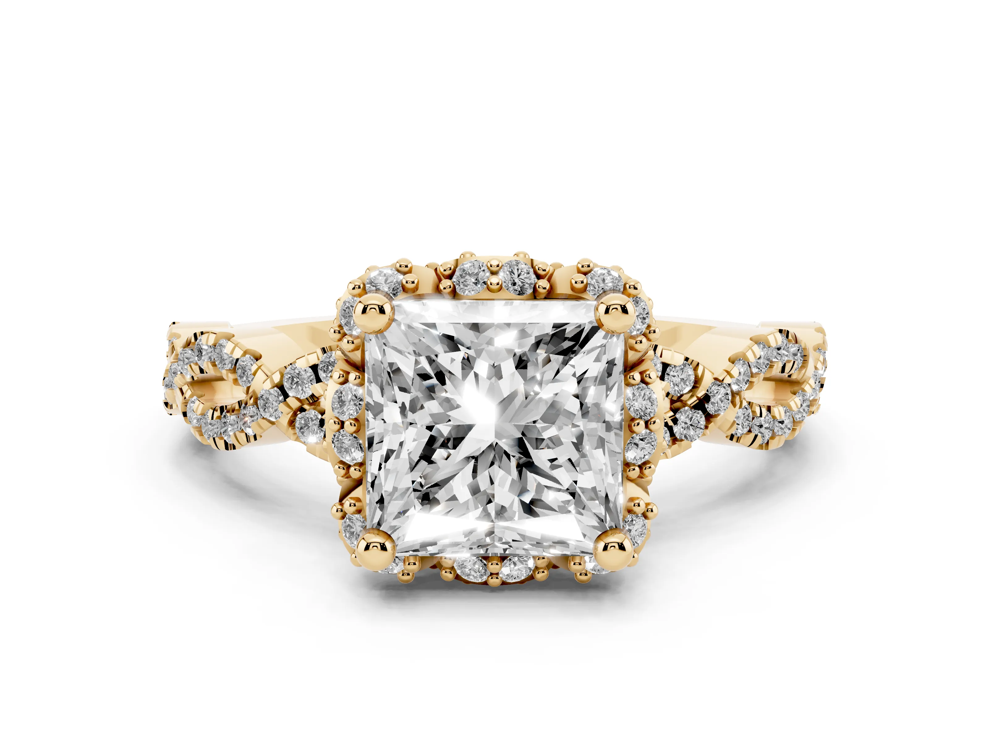 Princess Cut Diamond Halo Twist Band Solitaire Ring Set in Yellow gold with Prong-Set Center Stone