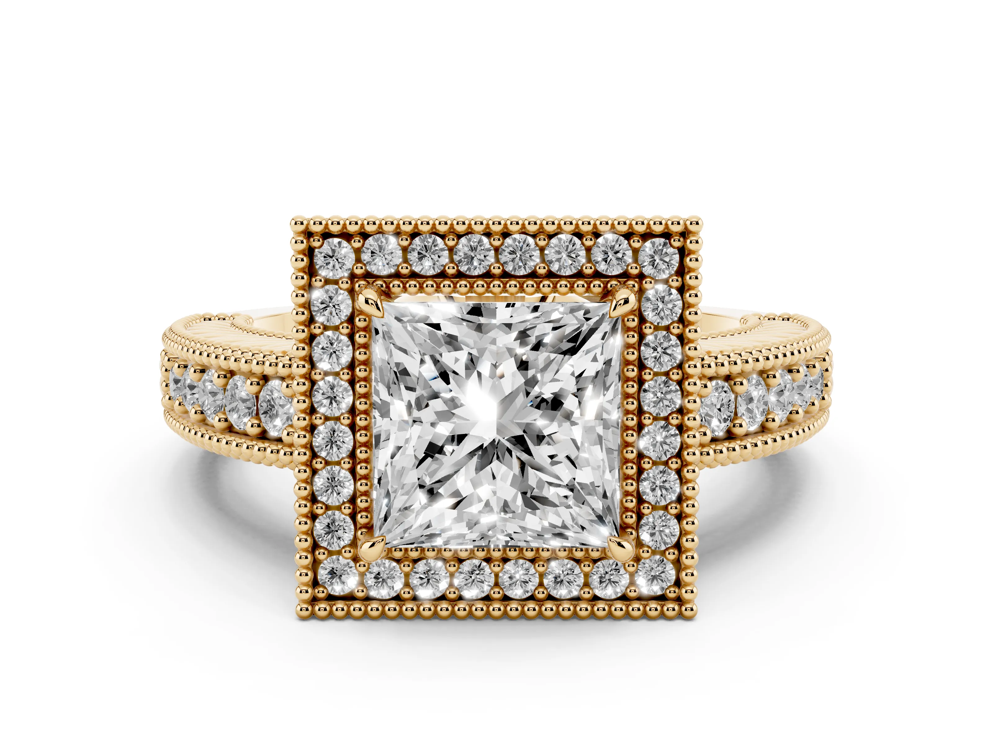 Princess Cut Diamond Halo Ring Set in Yellow gold with Round Accent Halo, Pavé Band and Prong Setting