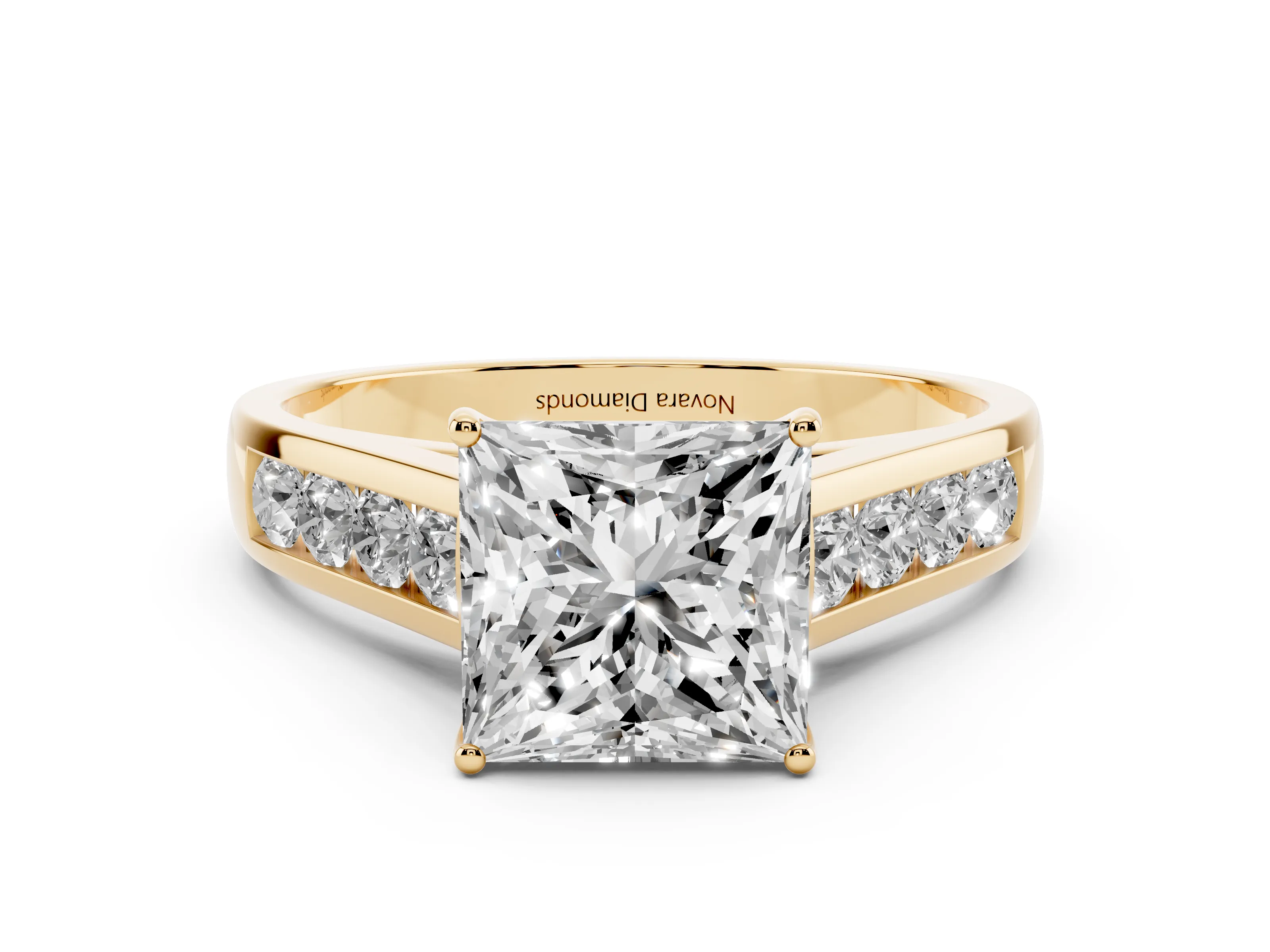 Princess Cut Diamond Solitaire Channel-Set Engagement Ring Set in Yellow gold with Prong Setting