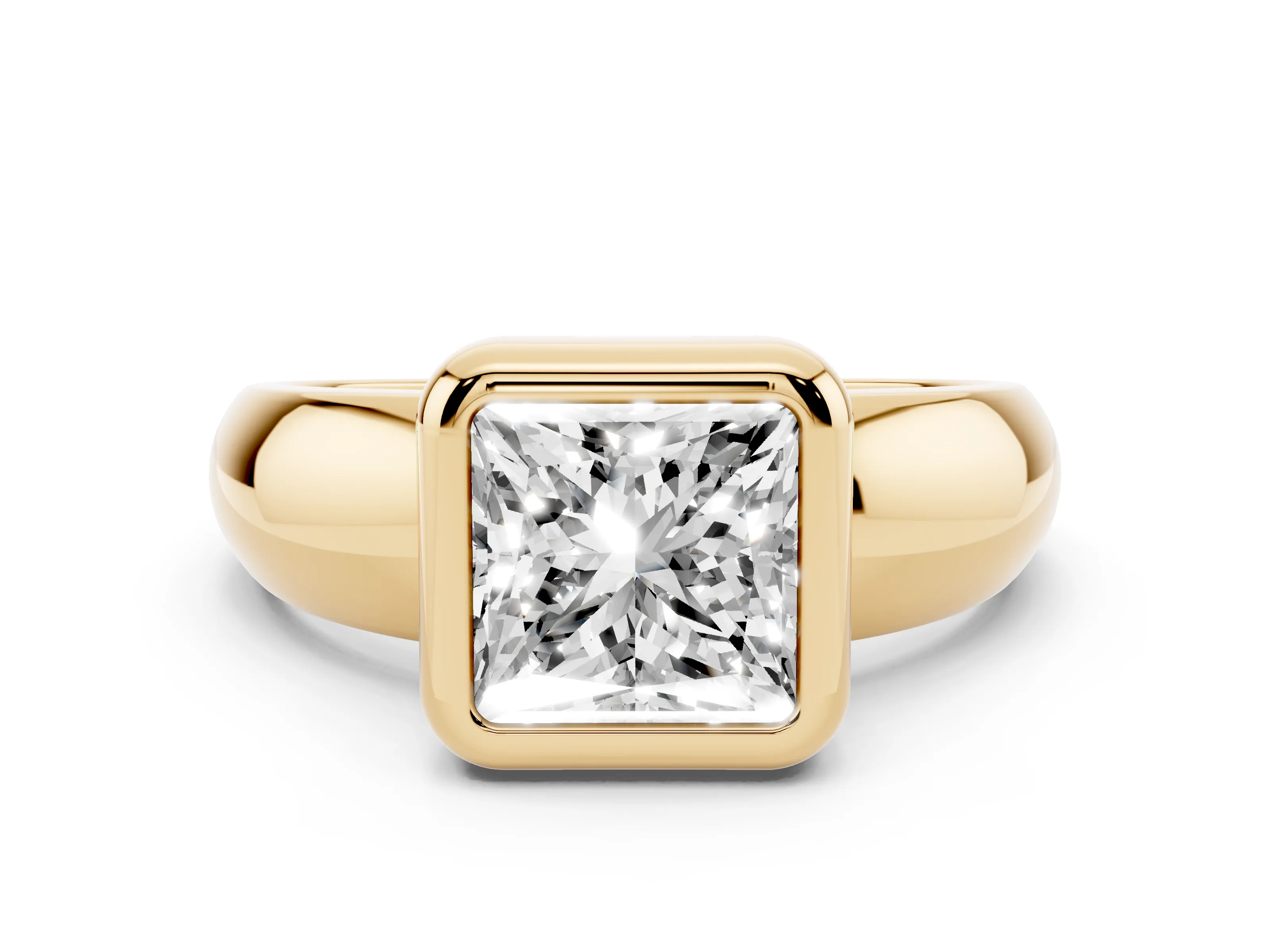 Bezel Set Princess Cut Diamond Solitaire Ring Set in Yellow gold with Wide Band