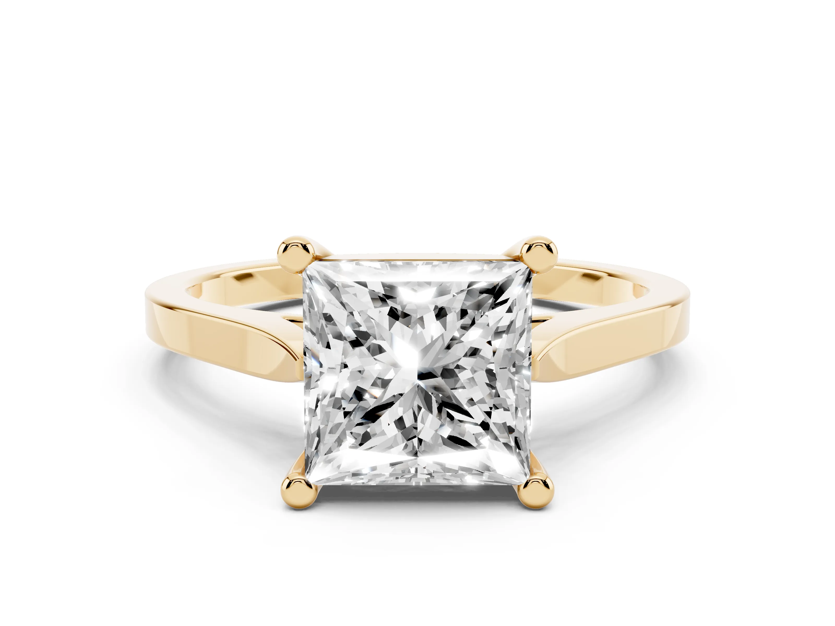 Princess Cut Diamond Solitaire Ring Set in Yellow gold with Prong Setting and Tapered Band