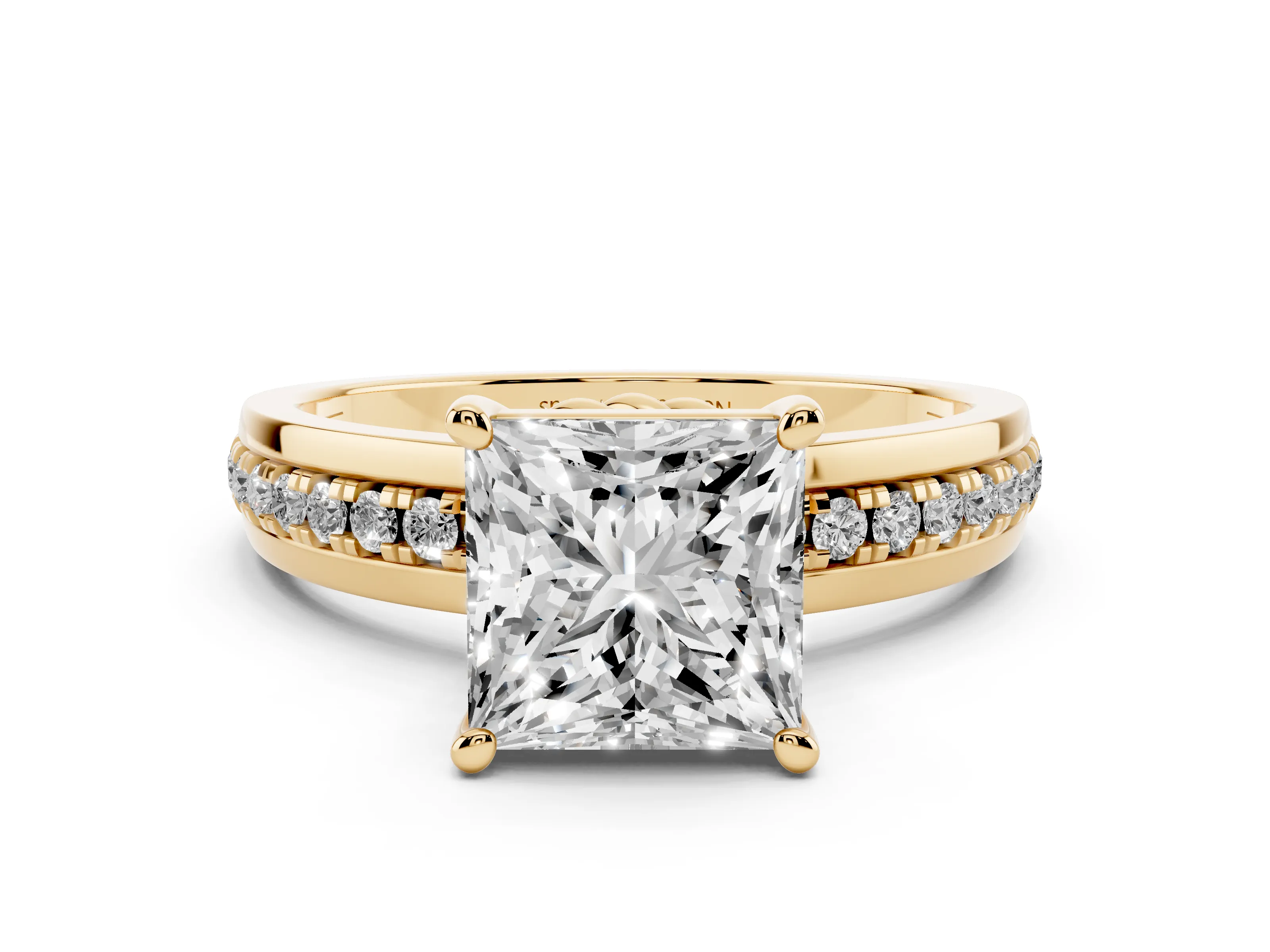 Princess Cut Diamond Solitaire Ring Set in Yellow gold with Channel Set Band and Prong Setting