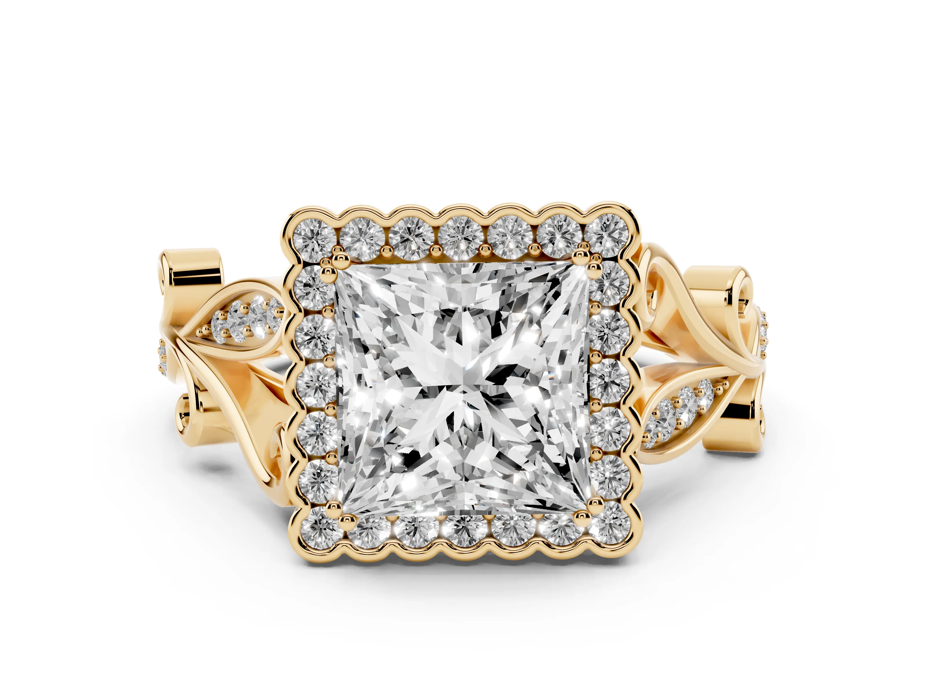 Princess Cut Diamond Halo Ring Set in Yellow gold with Leaf Motif Split Shank and Prong Setting