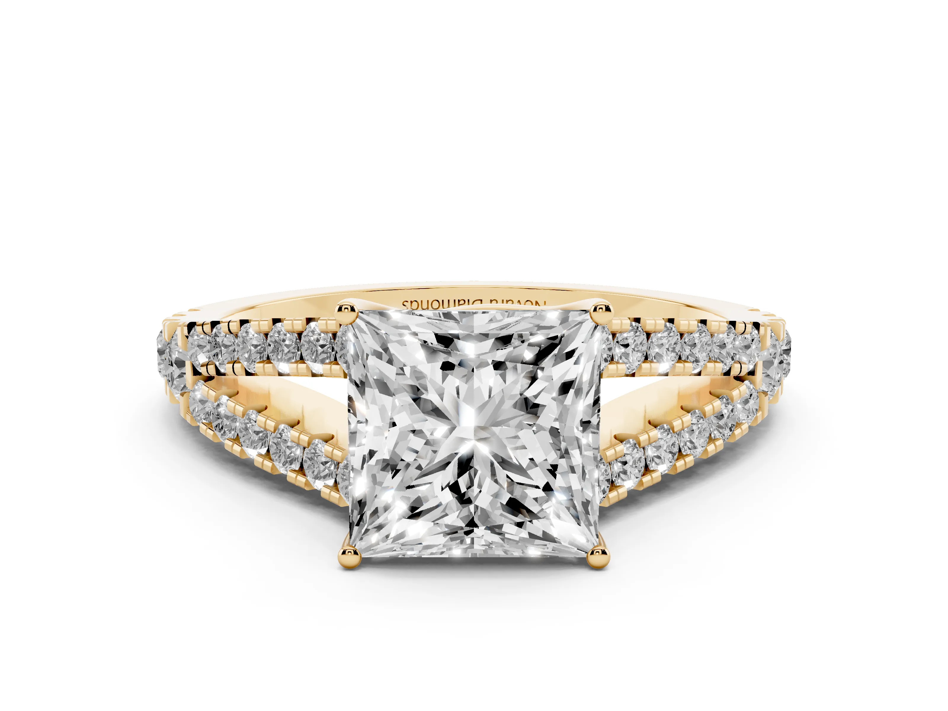 Princess Cut Diamond Split Shank Pavé Engagement Ring Set in Yellow gold with Prong-Held Center Stone