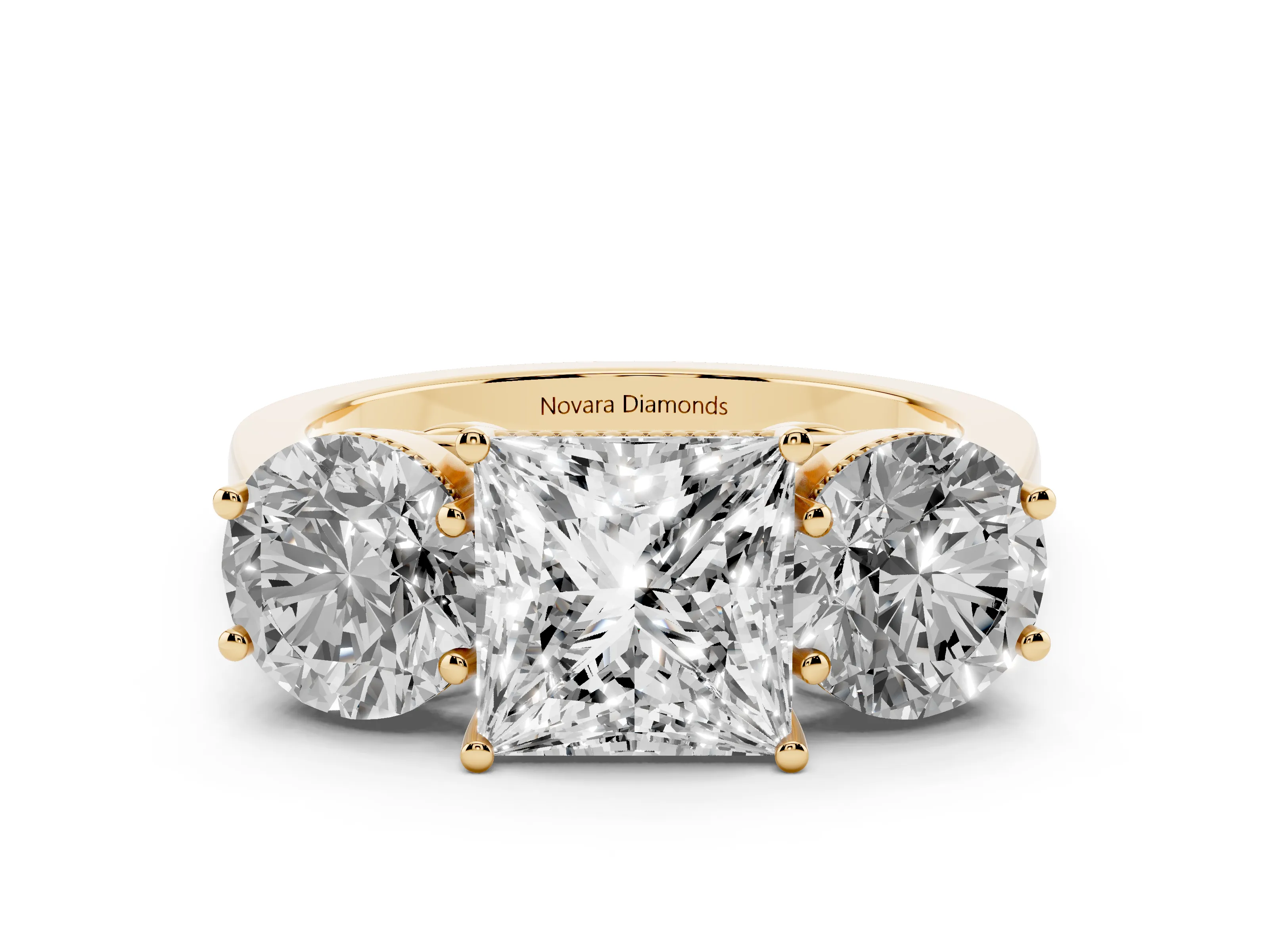 Princess Cut Diamond Three-Stone Engagement Ring Set in Yellow gold with Polished Band