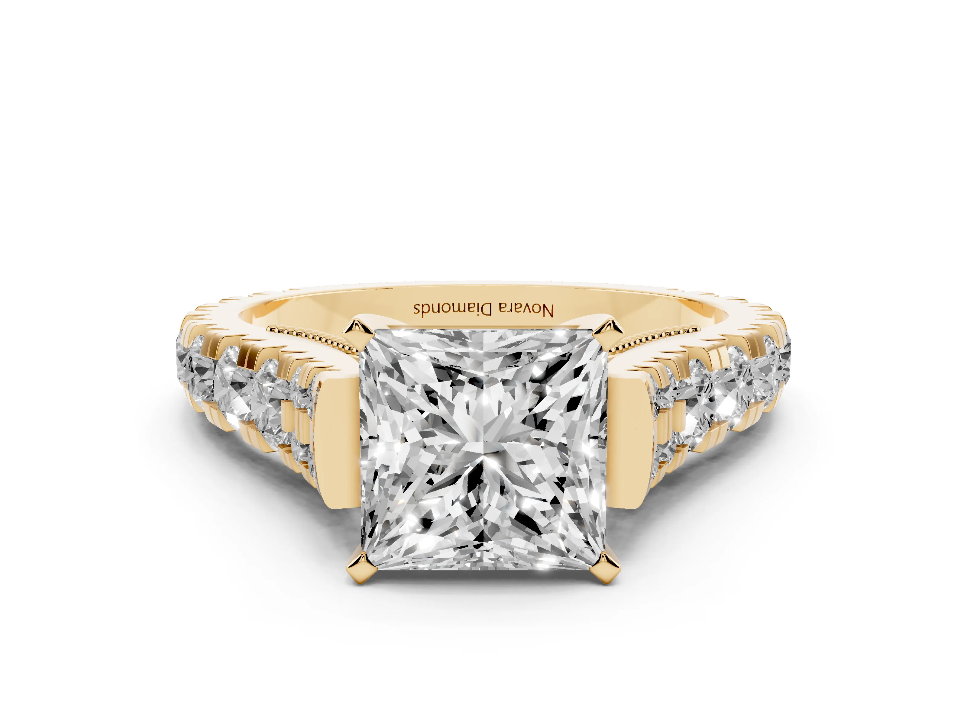 Princess Cut Diamond Classic Solitaire Ring Set in Yellow gold with Pavé Band and Prong Setting