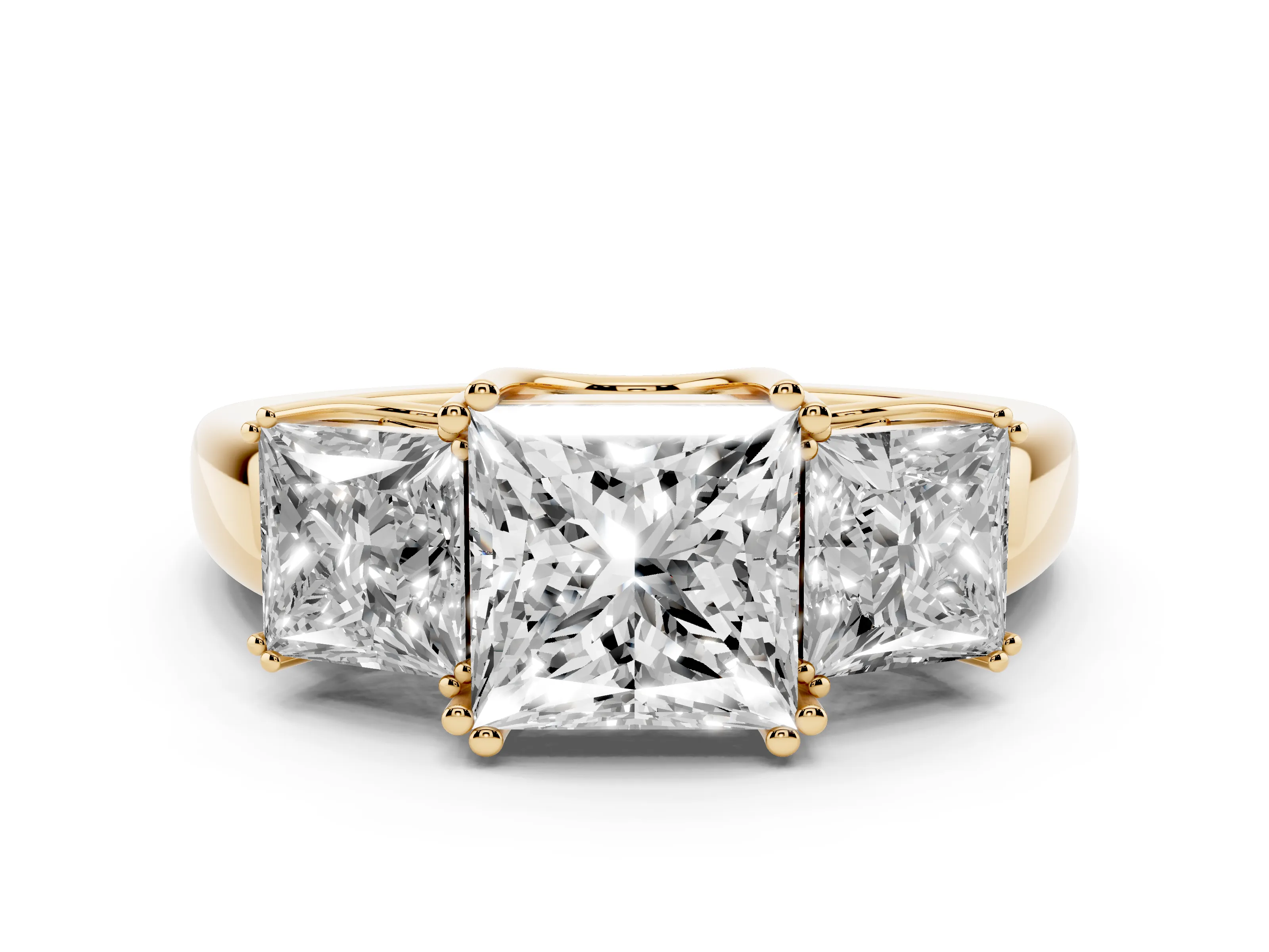 Princess Cut Diamond Three-Stone Ring Set in Yellow gold with Polished Channel-Set Band