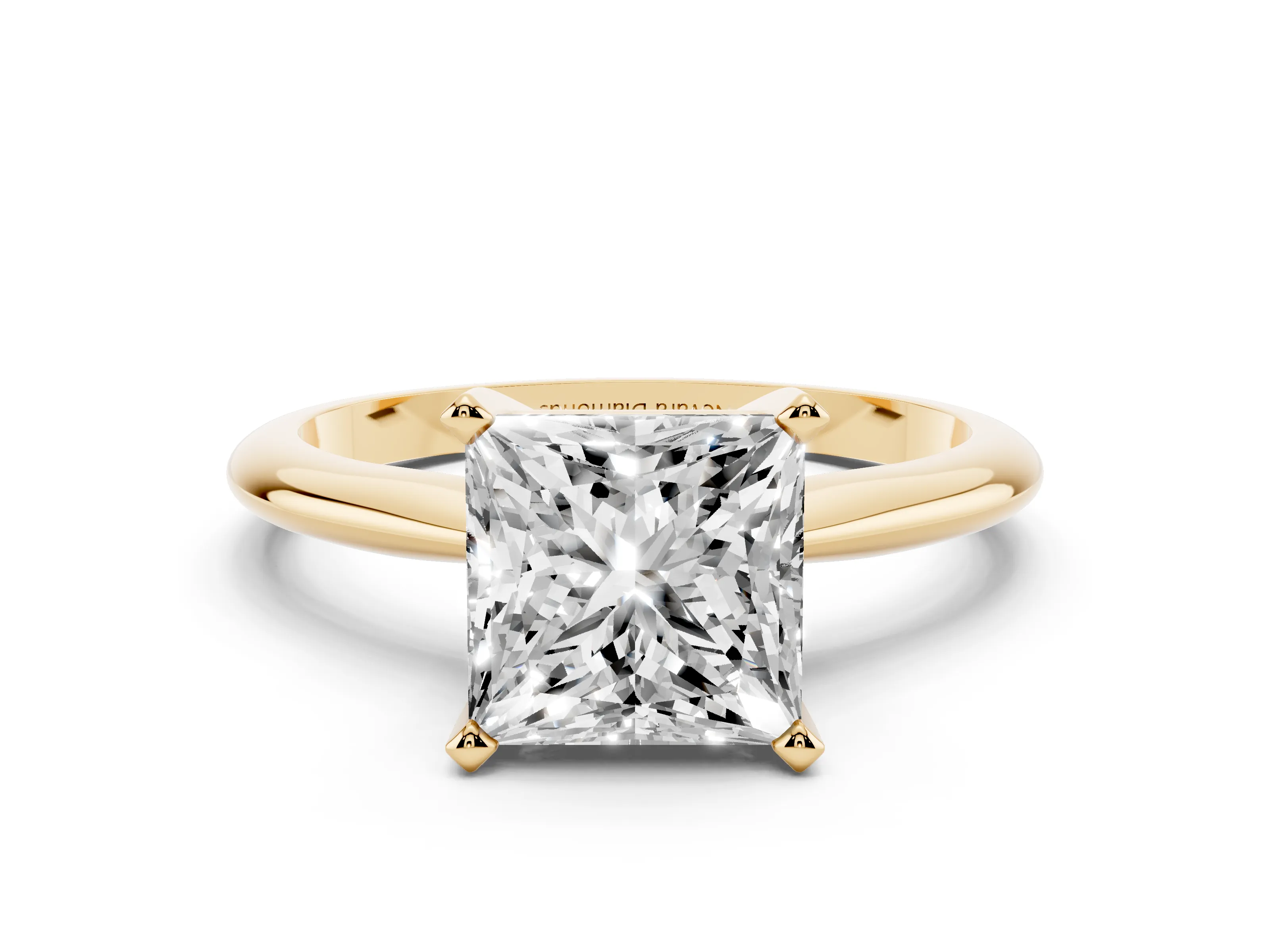 Princess Cut Diamond Solitaire Ring Set in Yellow gold with Prong Setting on a Plain Round Band
