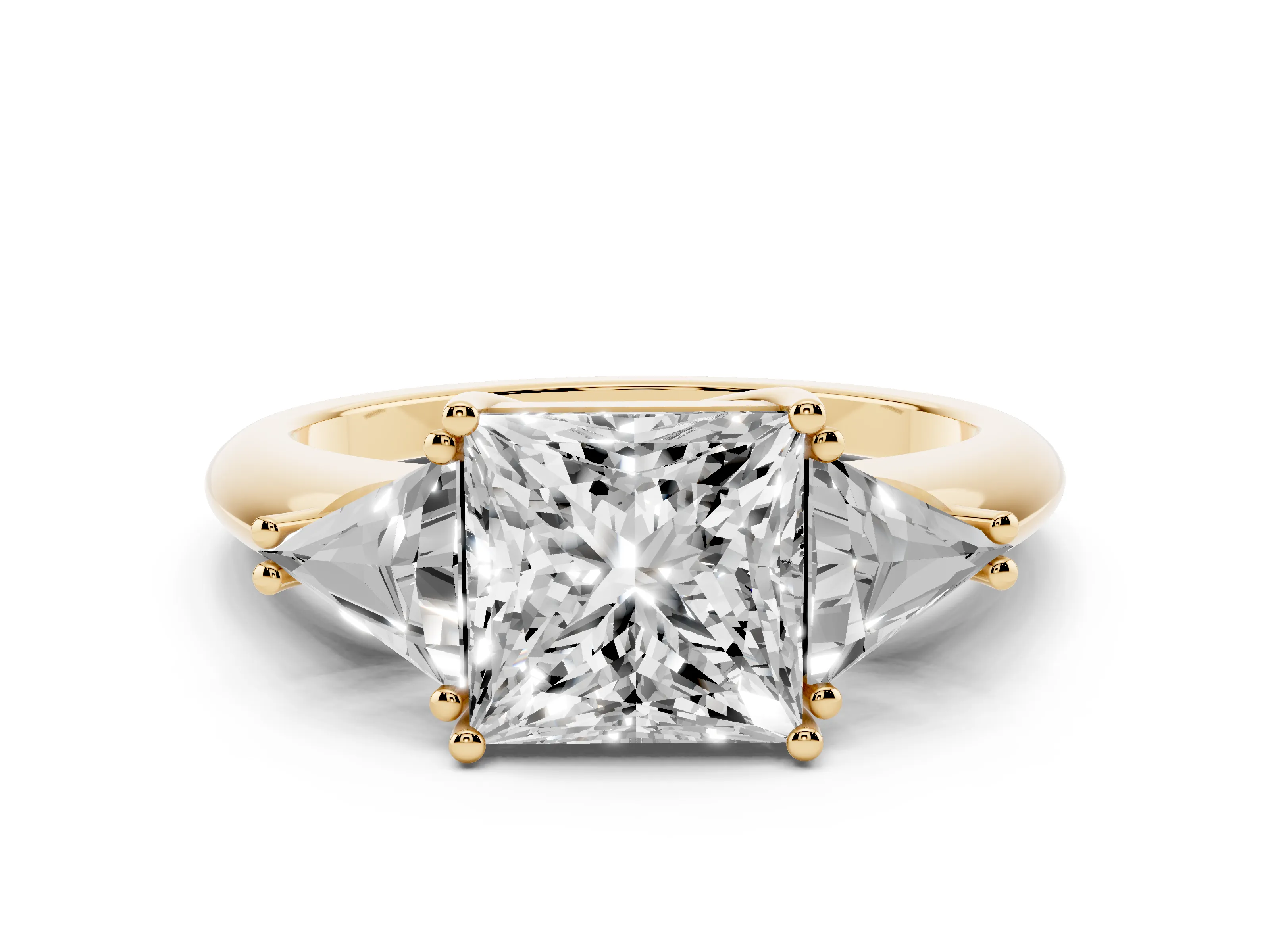 Princess Cut Diamond Three-Stone Engagement Ring Set in Yellow gold with Trillion Side Stones