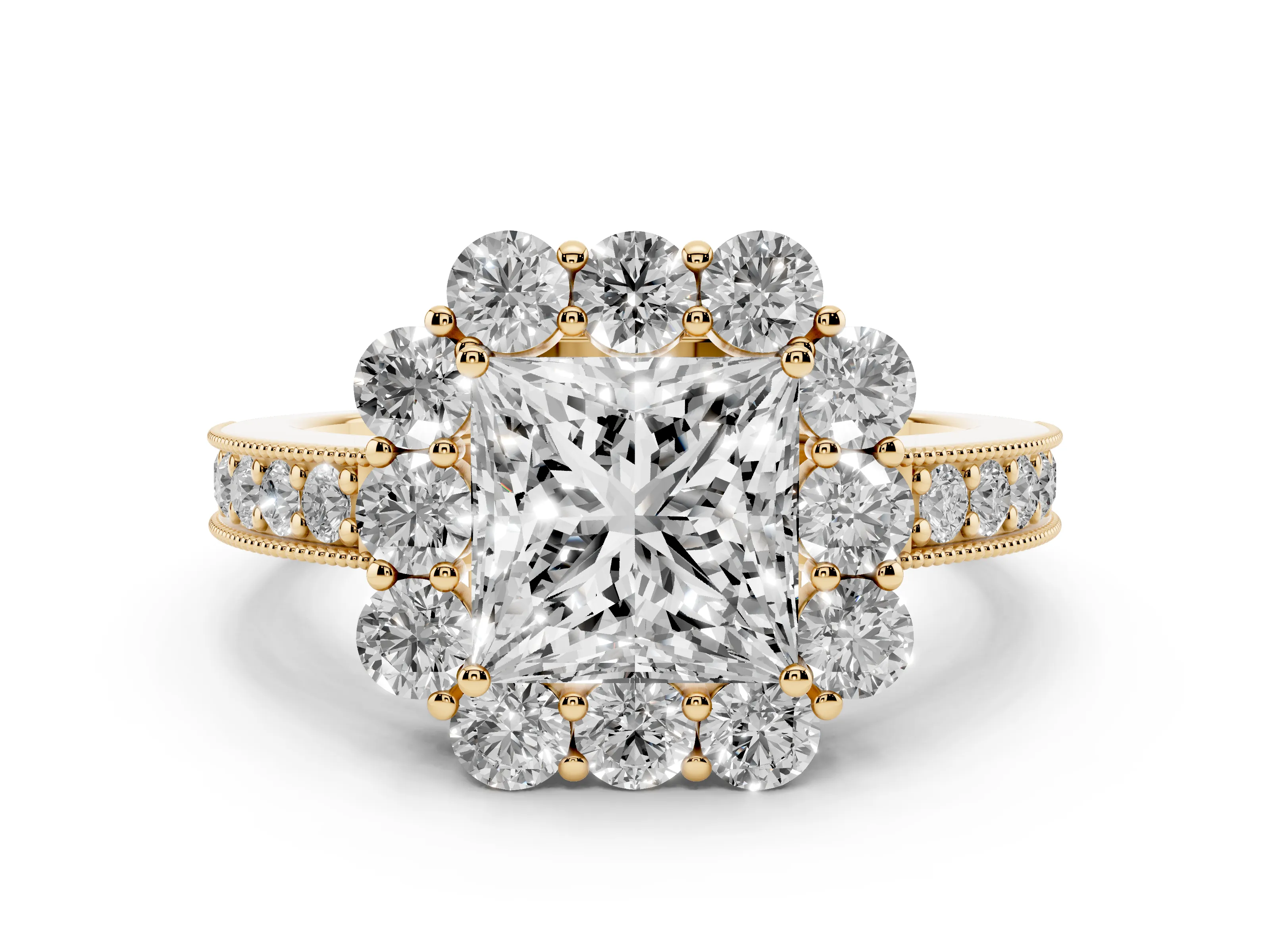 Princess Cut Diamond Halo Pavé Engagement Ring Set in Yellow gold with Milgrain Detailing