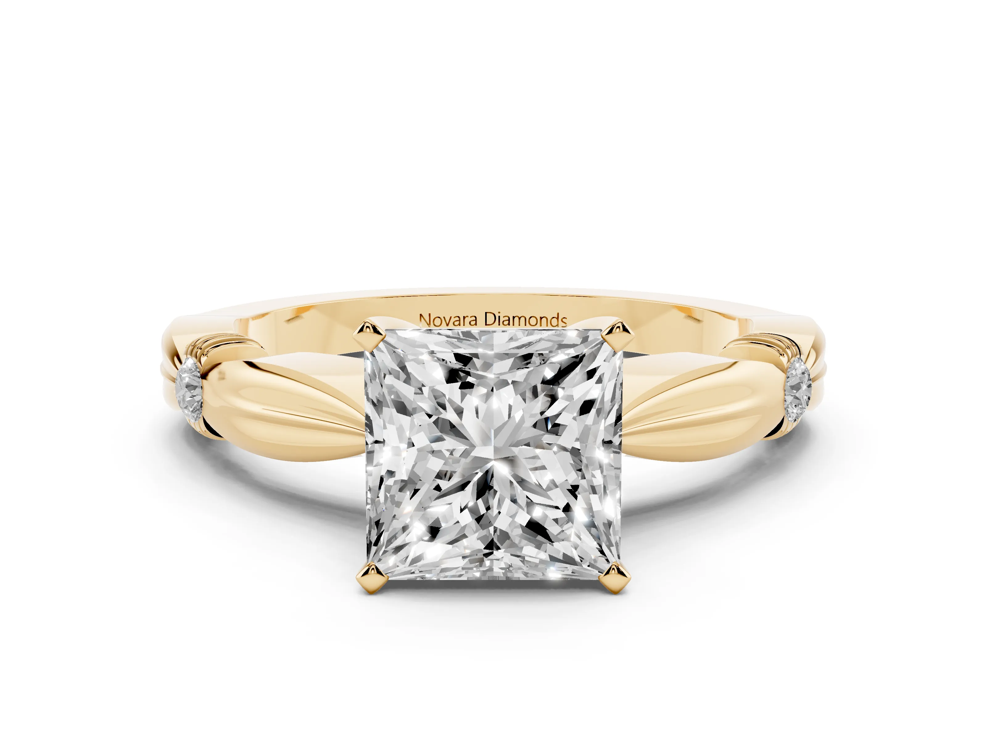 Princess Cut Diamond Solitaire Twisted Band Ring Set in Yellow gold with Accent Stones and Prong Setting