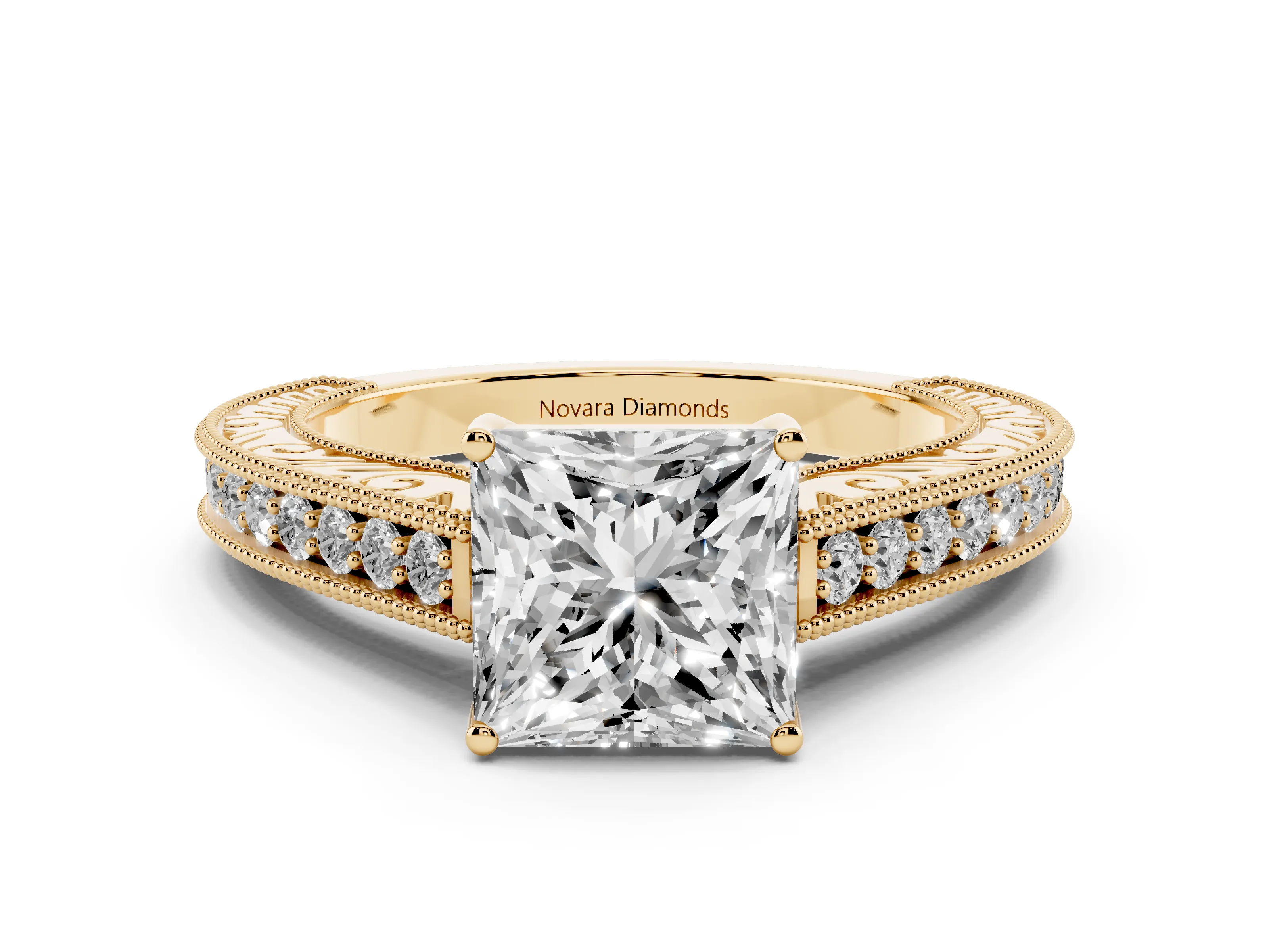 Princess Cut Diamond Milgrain Pavé Band Solitaire Ring Set in Yellow gold with Prong Setting