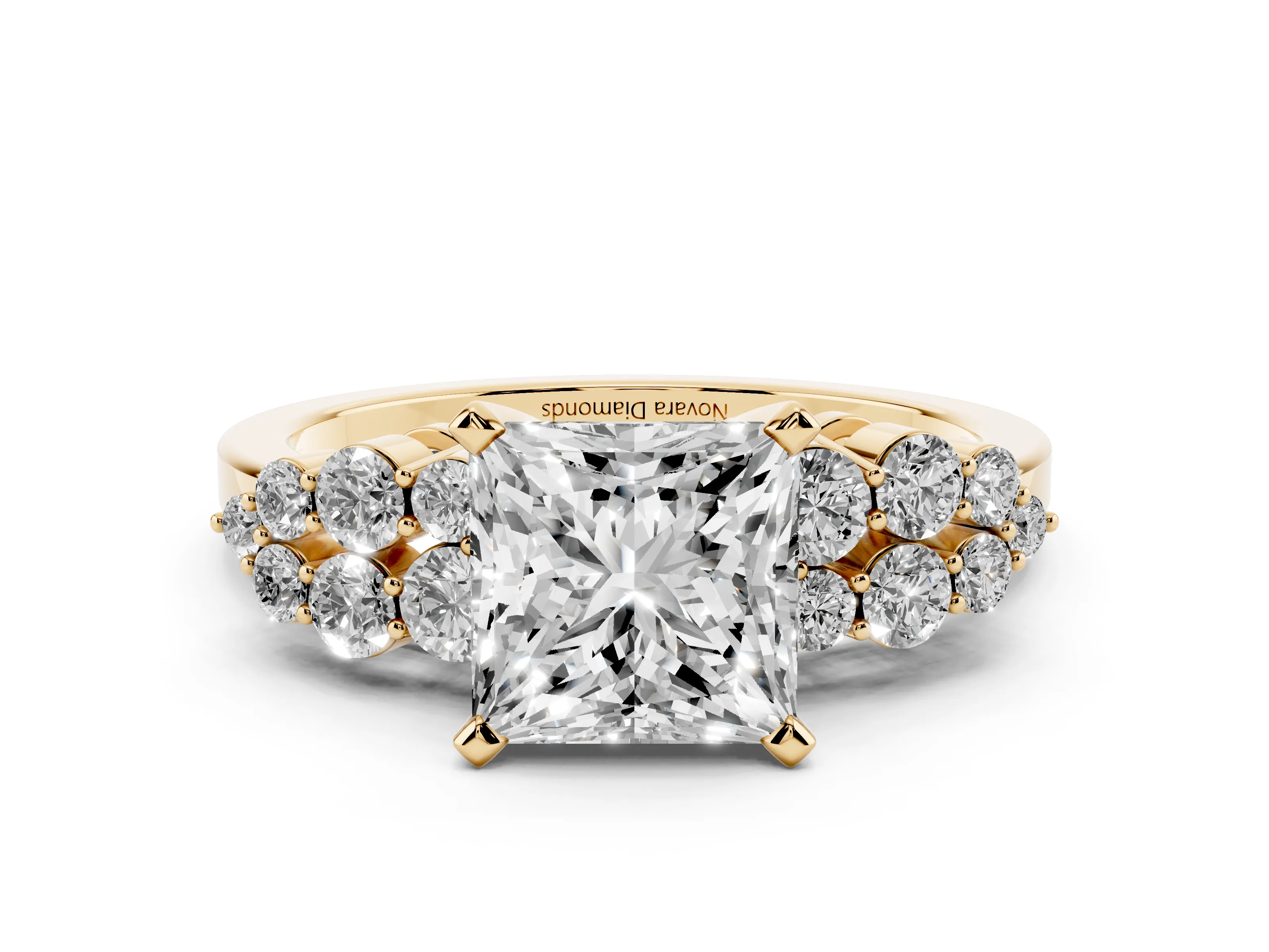 Princess Cut Diamond Cluster Engagement Ring Set in Yellow gold with Pavé Band and Prong Setting